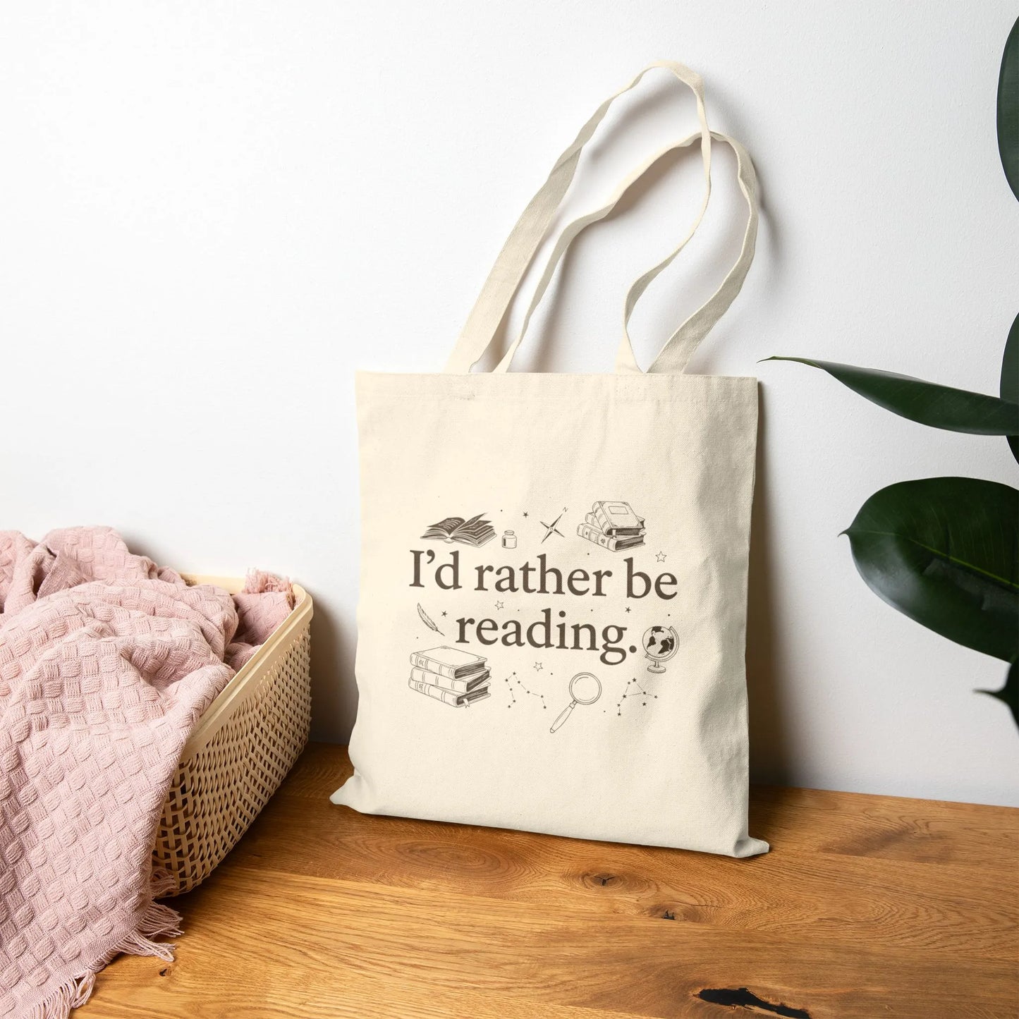 Rather Be Reading 2 Tote Bag featuring vintage illustrations and text, perfect for book lovers and cozy outings.