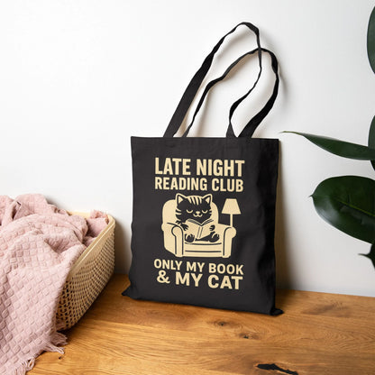 Late Night Reading Club Tote Bag featuring a cat in an armchair with text: Only My Book & My Cat, perfect for cozy readers.