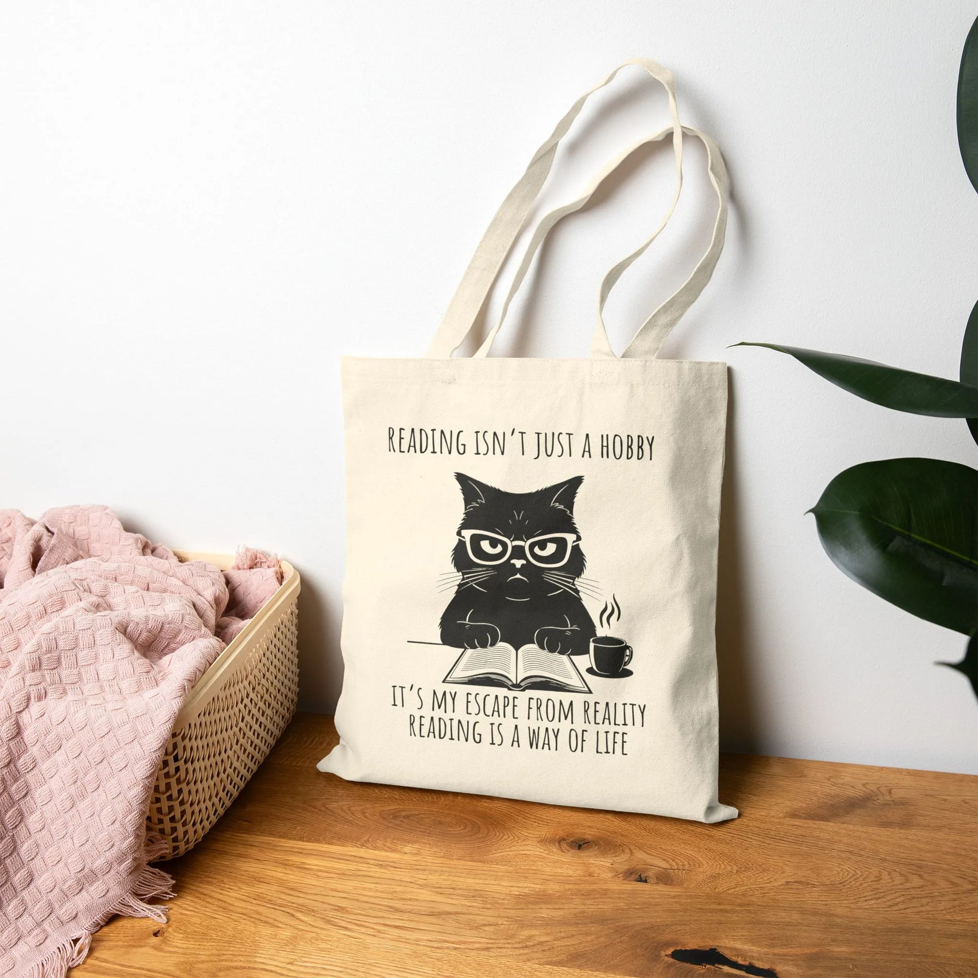Reading Way of Life Tote Bag showcasing a funny book design with cat illustration, perfect gifts for book lovers.