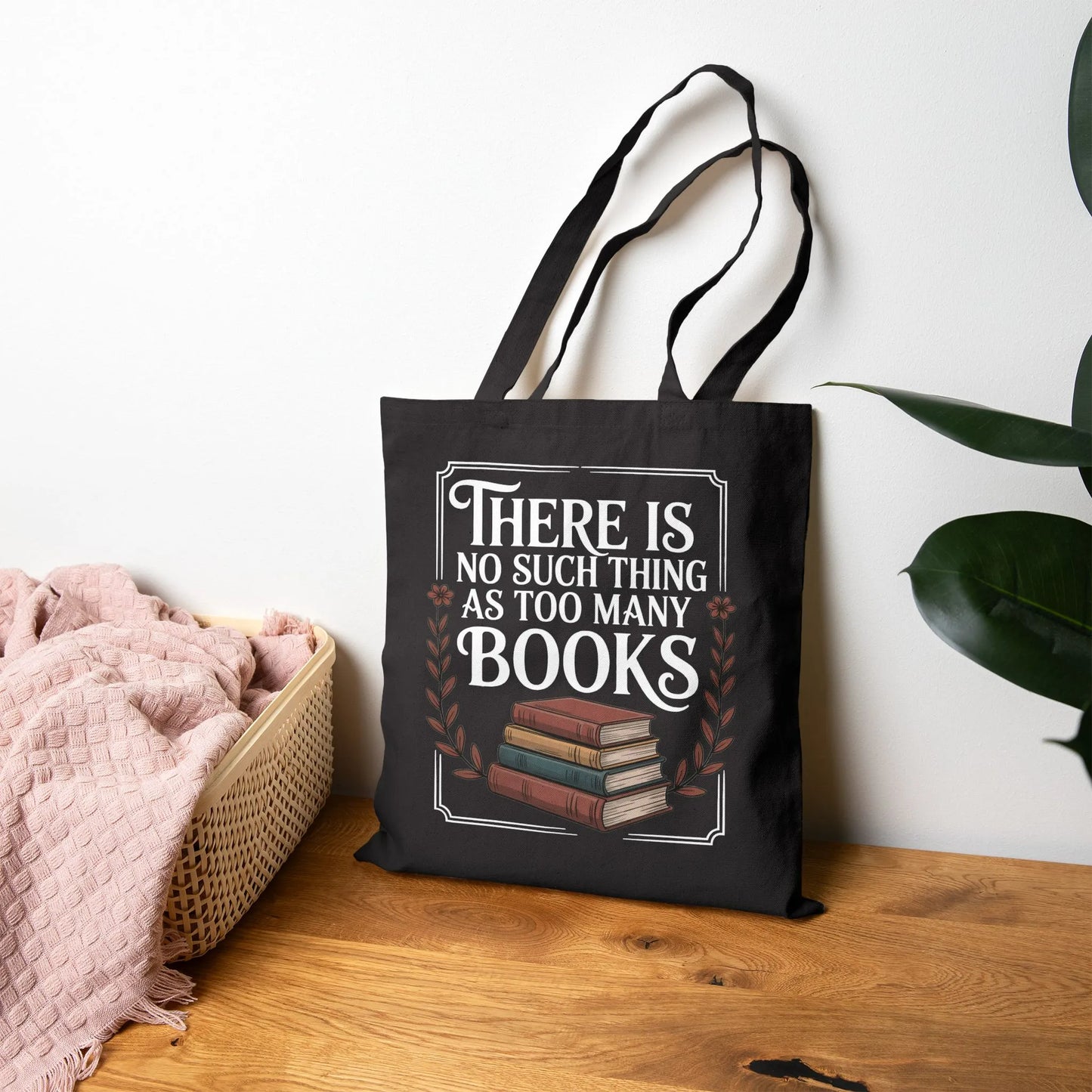 Too Many? Never. Tote Bag featuring a design with stacked books, perfect gifts for book lovers in durable canvas.