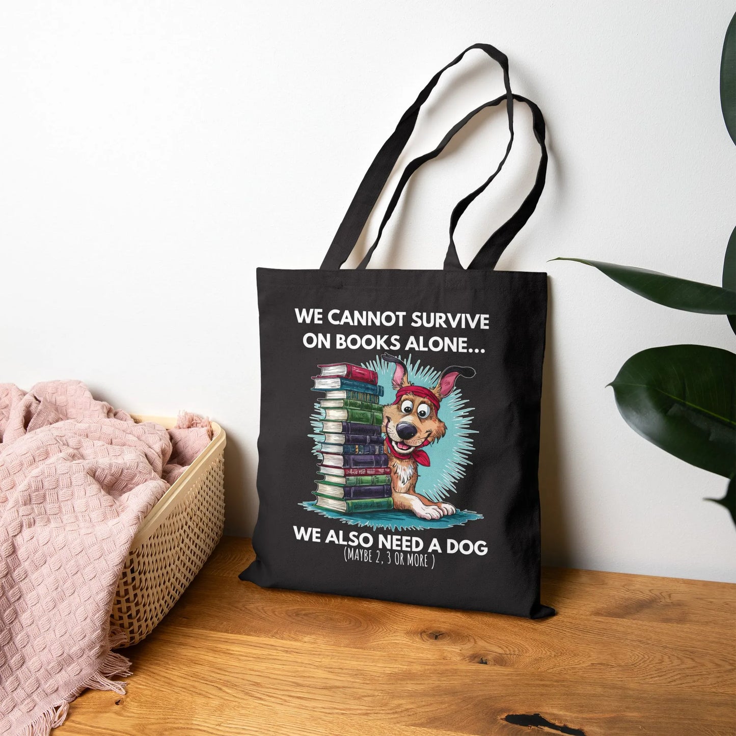 Books & Dogs, Perfect Combo Tote Bag featuring a playful dog and stacked books design on a black canvas tote.