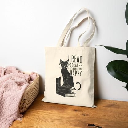 Happy Reading Kitty Tote Bag featuring a stylish cat with books and 'I READ BECAUSE IT MAKES ME HAPPY' text.