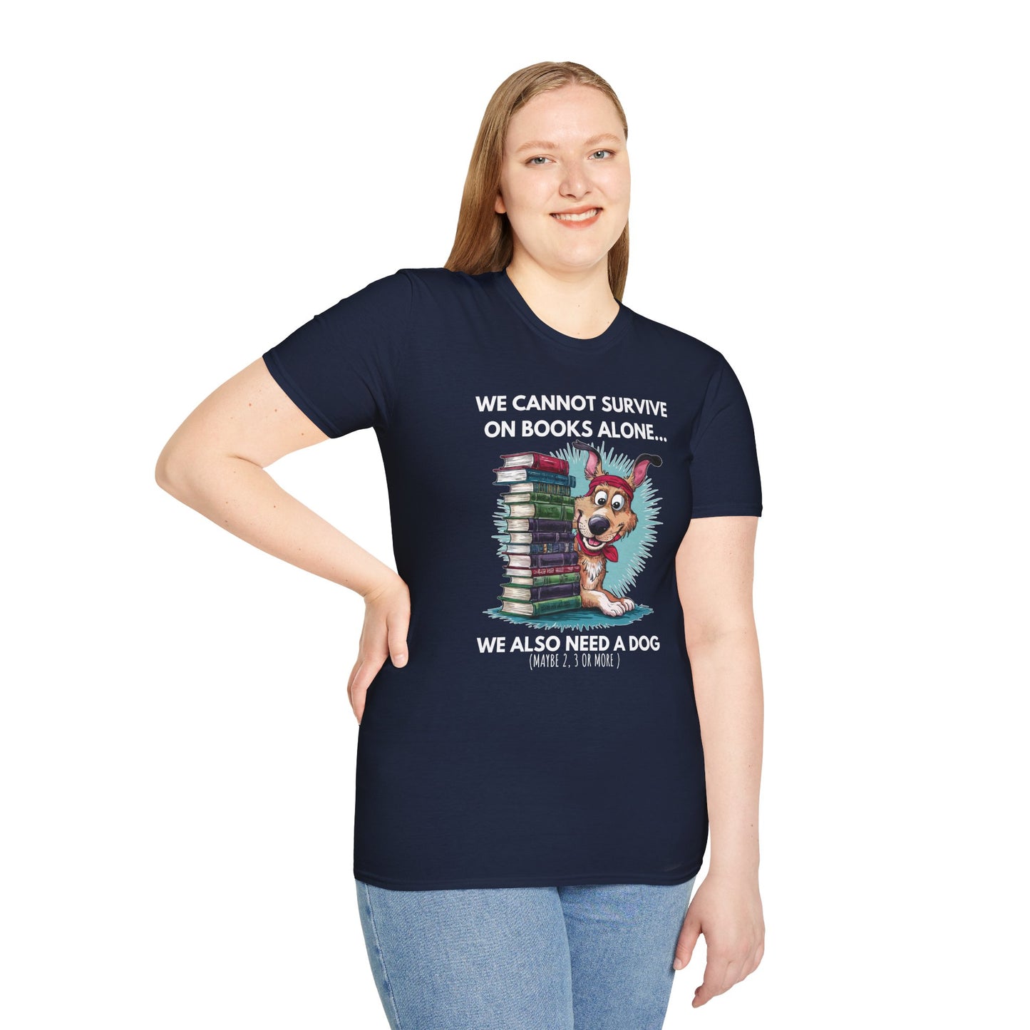 A woman wearing the Books & Dogs, Perfect Combo T-Shirt, standing confidently with a cheerful dog illustration and stack of books, embodying a cozy reading lifestyle.