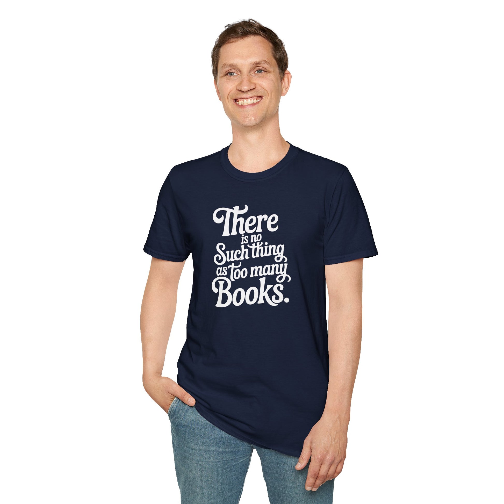 Never Too Many T-Shirt on relaxed fit unisex model, celebrating book lovers with bold typography. Perfect gift for readers! 📖