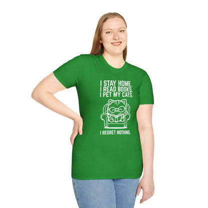 Woman in green I Regret Nothing T-Shirt with a cat illustration, perfect for cozy book lovers who enjoy reading and pets.