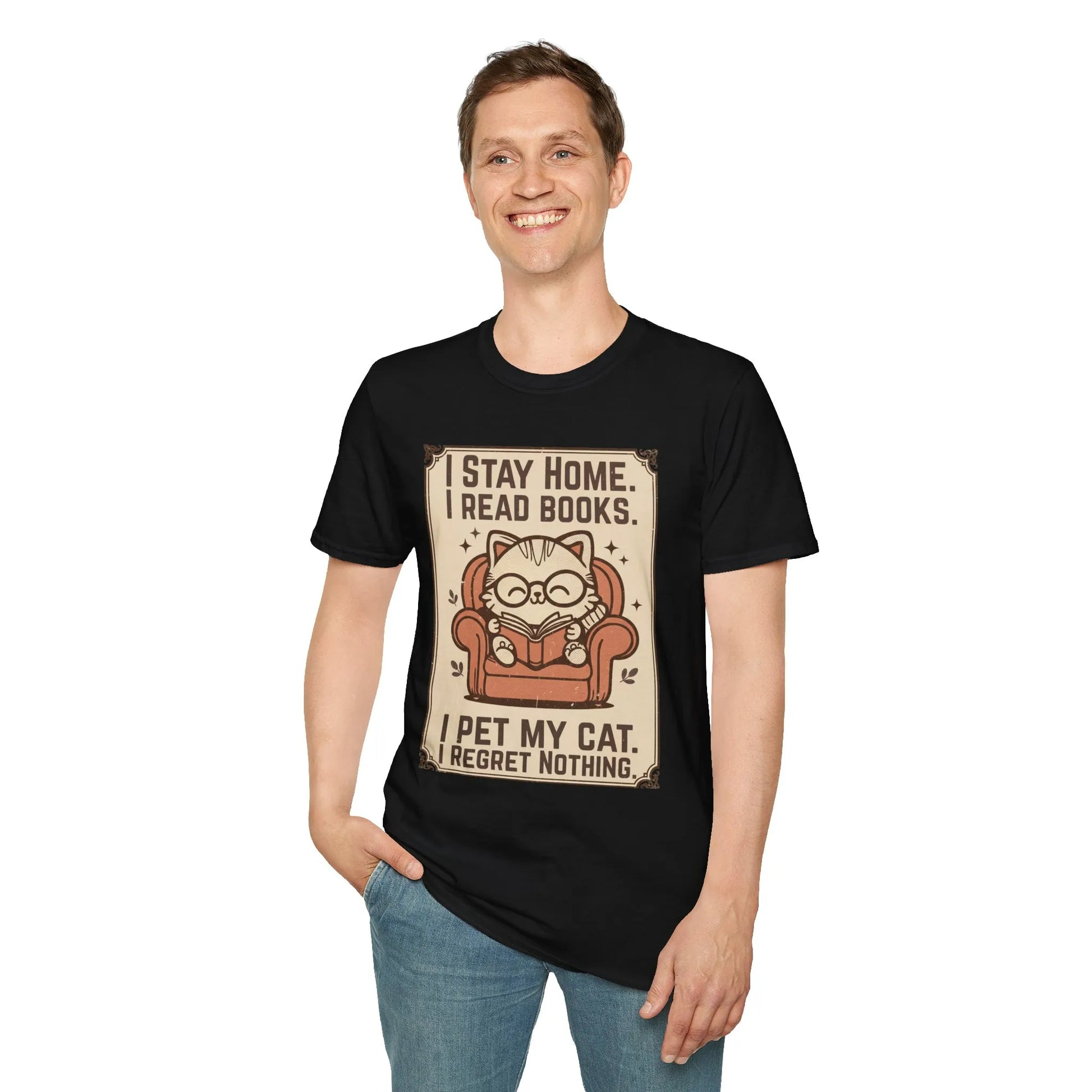 Alt Tag: Poster Cat Reader T-Shirt featuring a cat with glasses reading on a cozy armchair, perfect gift for book lovers and cat enthusiasts.