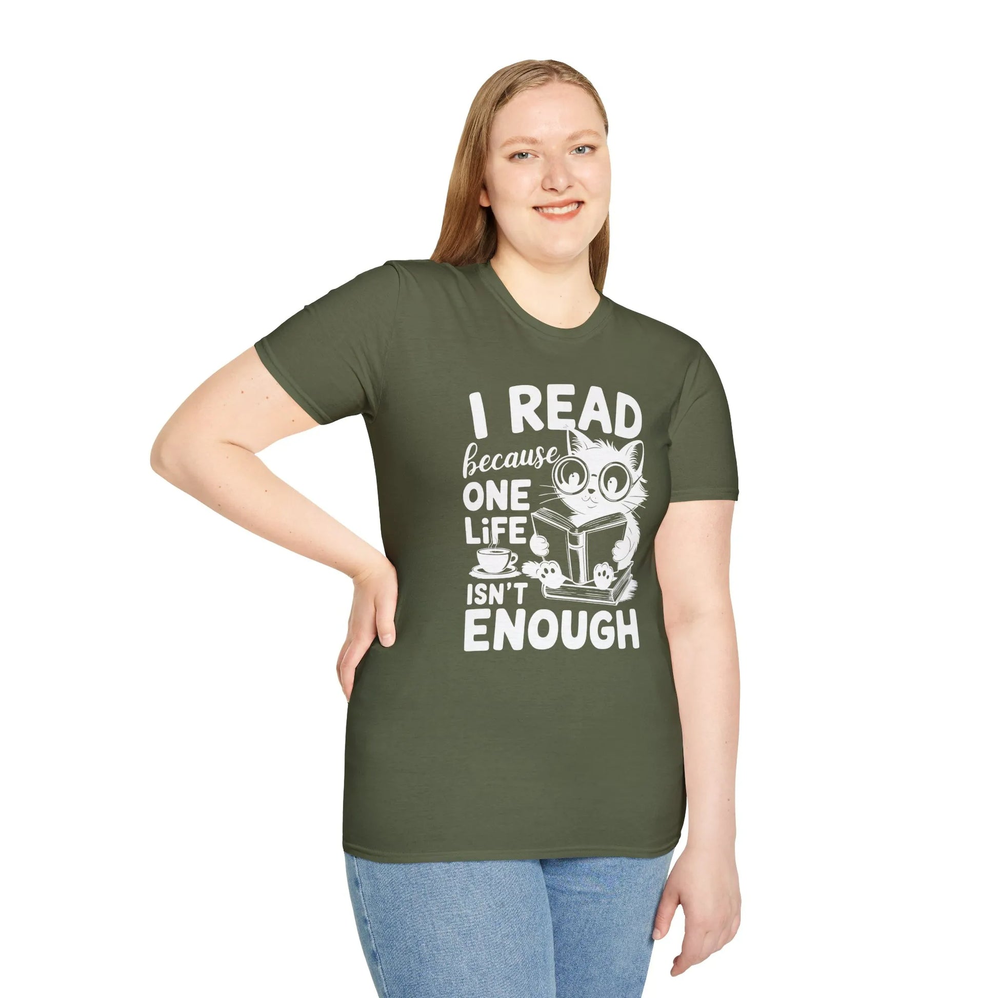 Cozy shirt featuring a cat reading, saying 'I read because one life isn't enough', perfect for book lovers and cat enthusiasts.