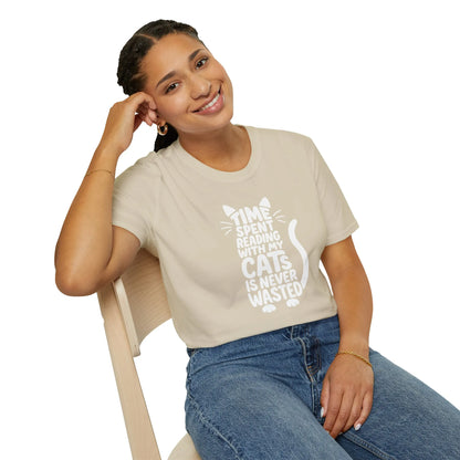 Comfortable unisex t-shirt with cat illustration and text: 'Time spent reading with my cats is never wasted.' Perfect for book lovers!