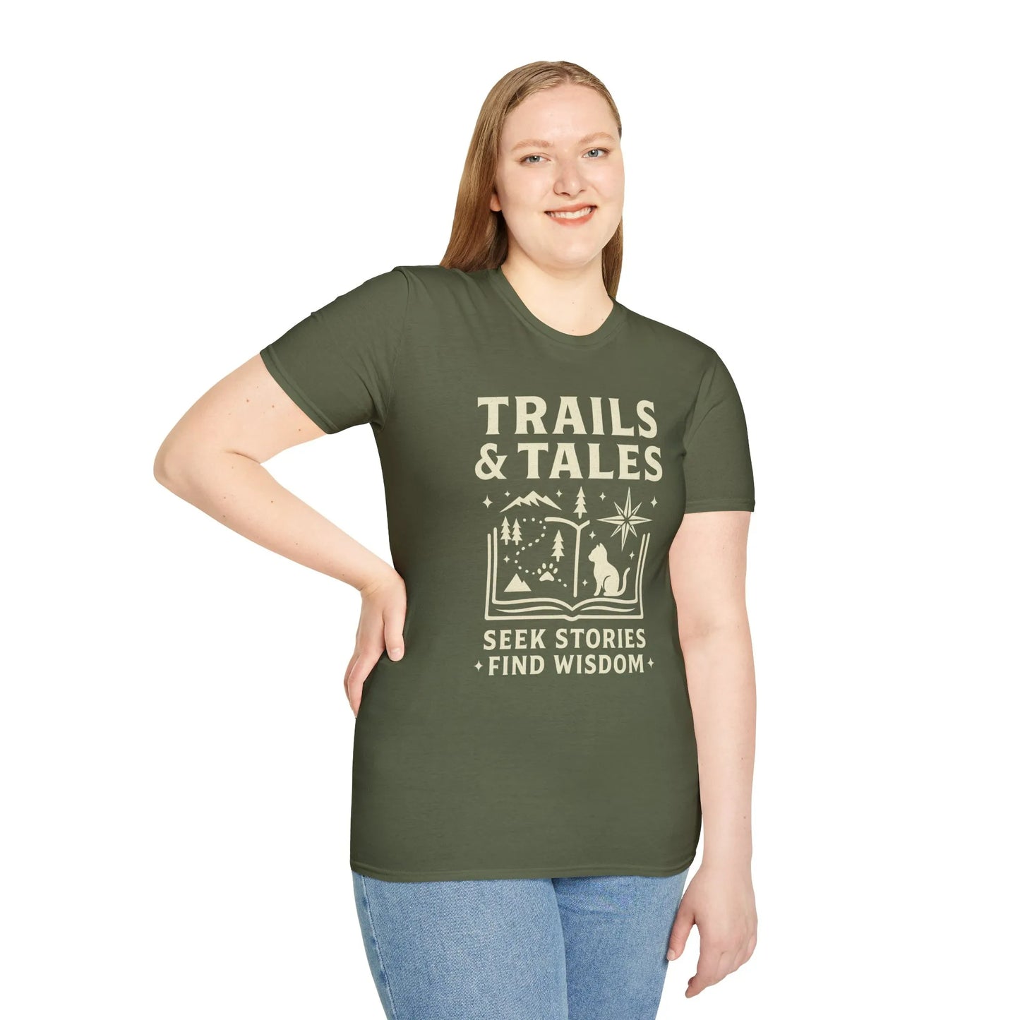 Trails & Tales t-shirt with scenic book, mountains, stars, and a wise cat, perfect for book lovers and cozy reading moments.