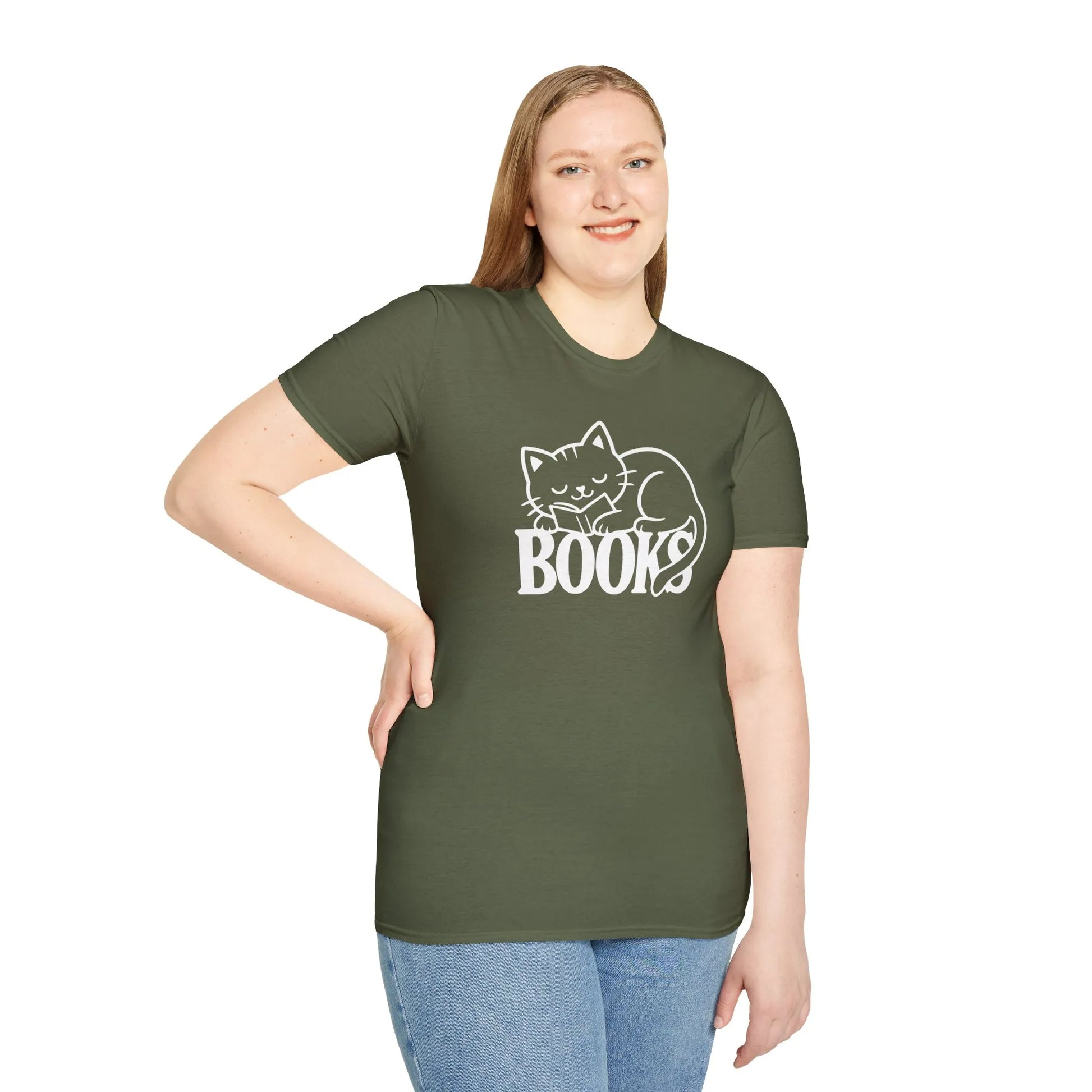 Cozy cat reading shirt featuring a sleeping cat atop the word 'BOOKS'—perfect for book lovers and cat enthusiasts.