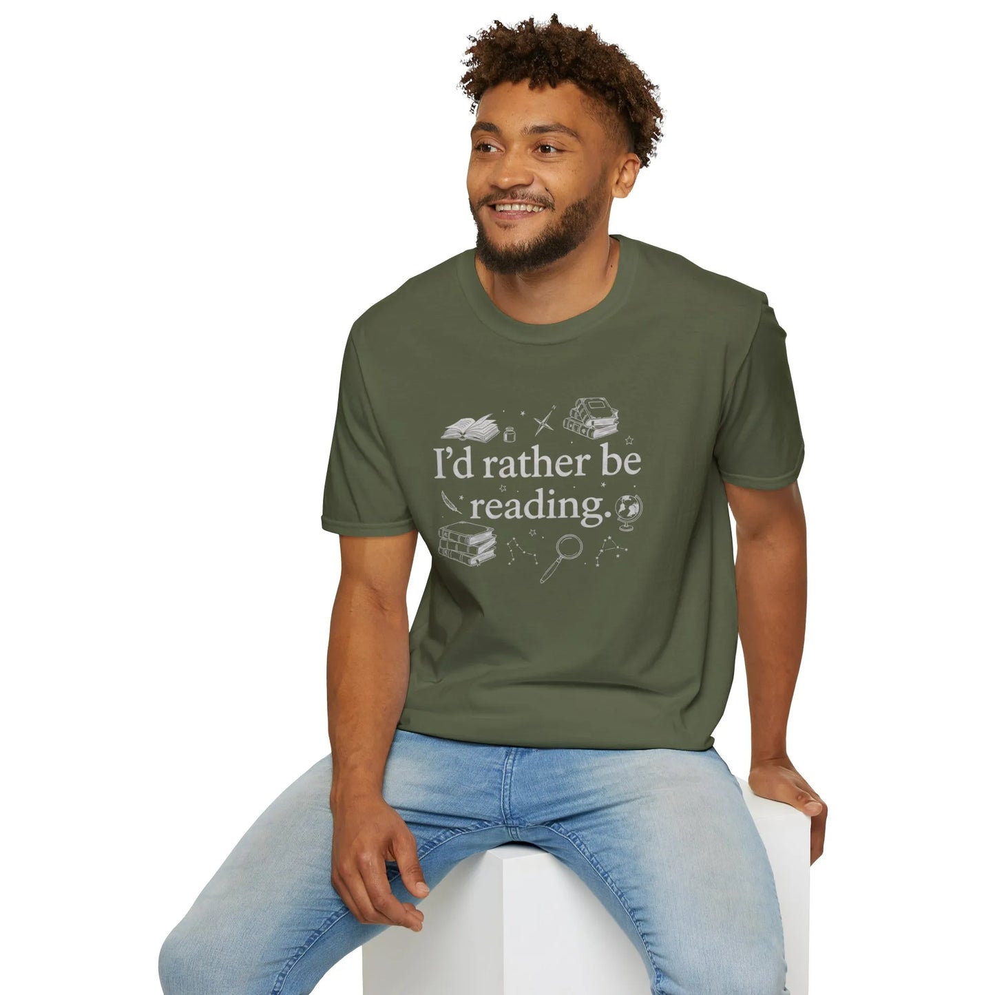 A cozy olive green Rather Be Reading 2 T-Shirt with fun bookish icons and the text "I’d rather be reading," perfect for book lovers.