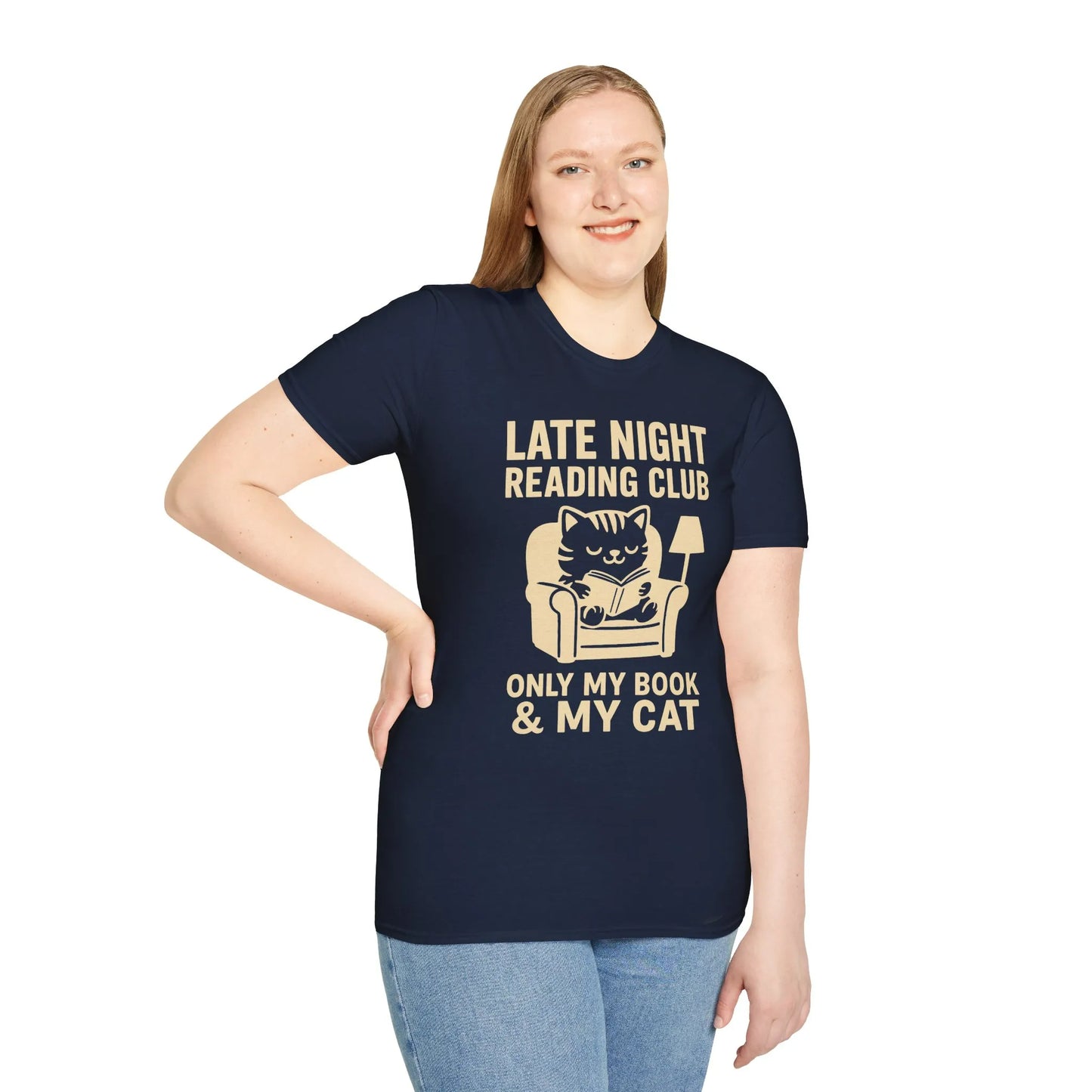 Cozy Late Night Reading Club t-shirt featuring a cat in an armchair, humorously stating, 'Only my book & my cat.' Perfect for book lovers!