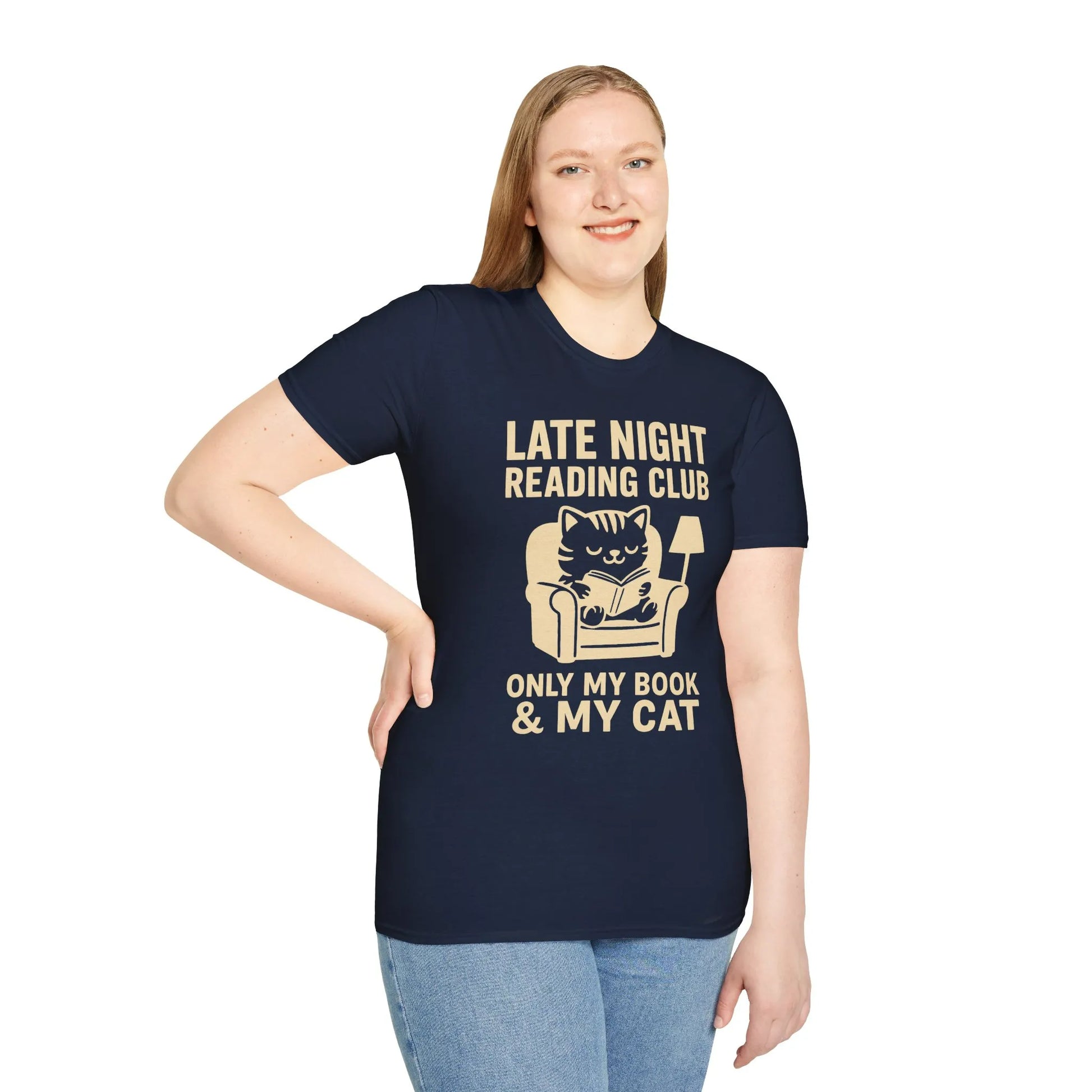 Cozy Late Night Reading Club t-shirt featuring a cat in an armchair, humorously stating, 'Only my book & my cat.' Perfect for book lovers!