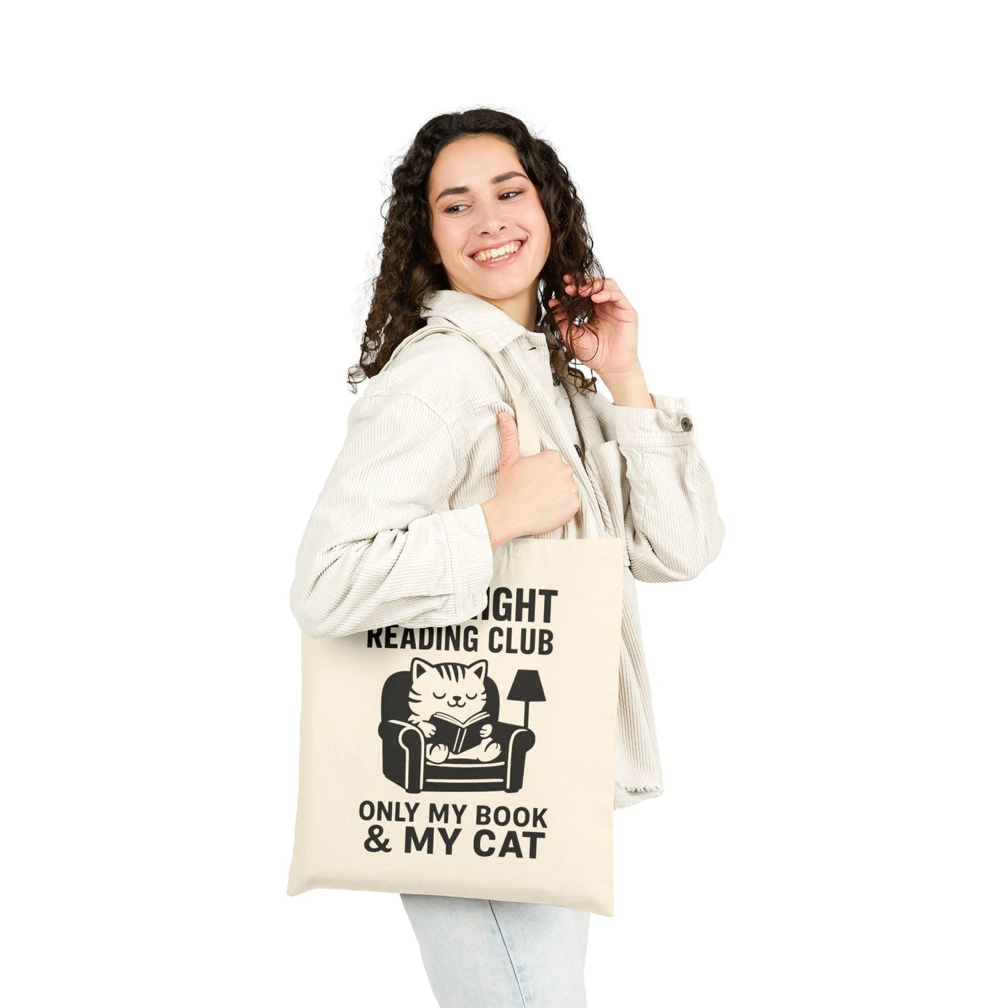 Late Night Reading Club Tote Bag featuring a cat lounging in an armchair, perfect for book lovers and cozy nights.