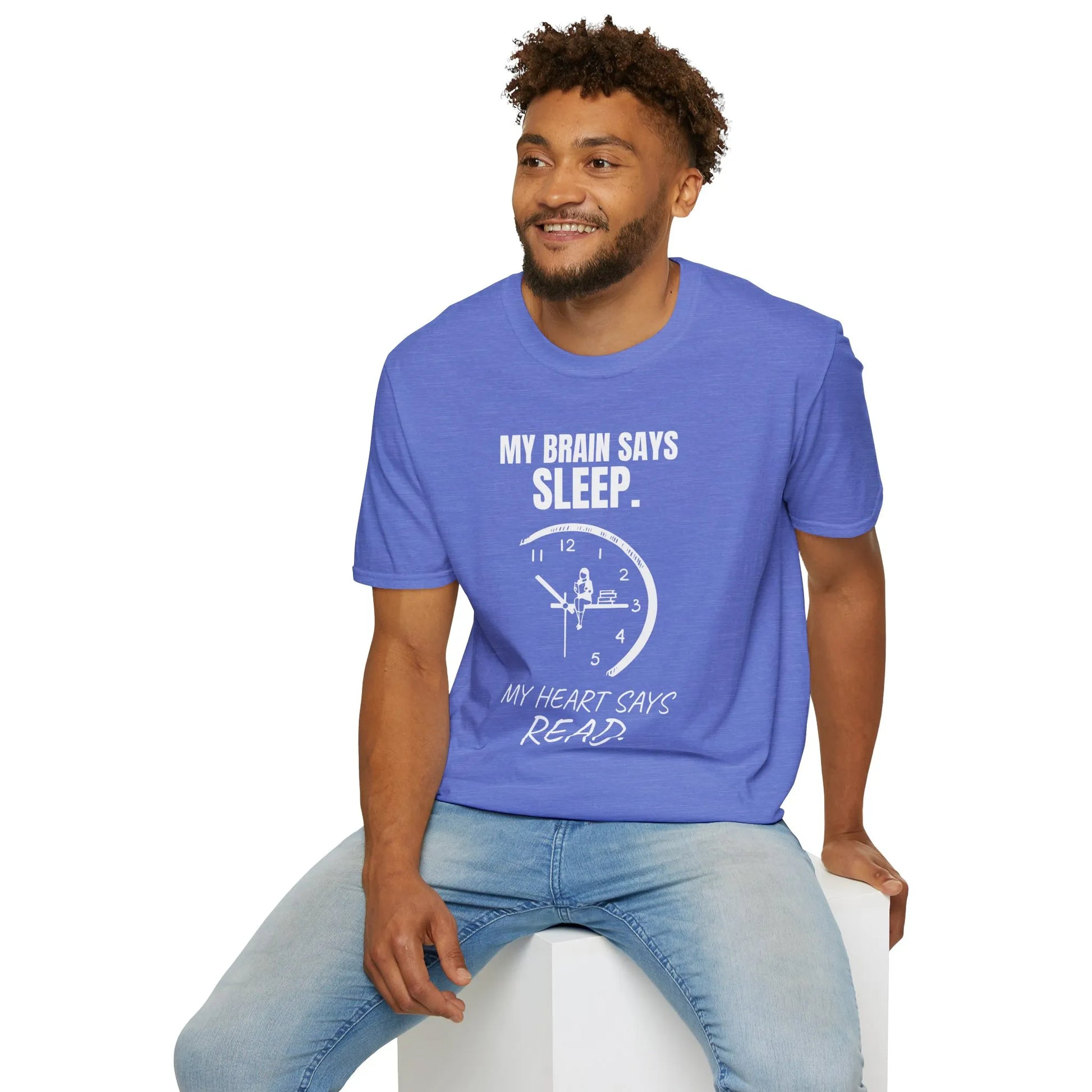 Funny reading tee featuring a clock and text: "My Brain Says Sleep, My Heart Says Read"—perfect for book lovers.