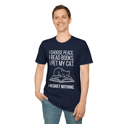 Peaceful Pages & Purrs T-Shirt on a relaxed fit unisex model, featuring a cozy reading aesthetic with a cat on a book. 📖 Ideal gift for readers.