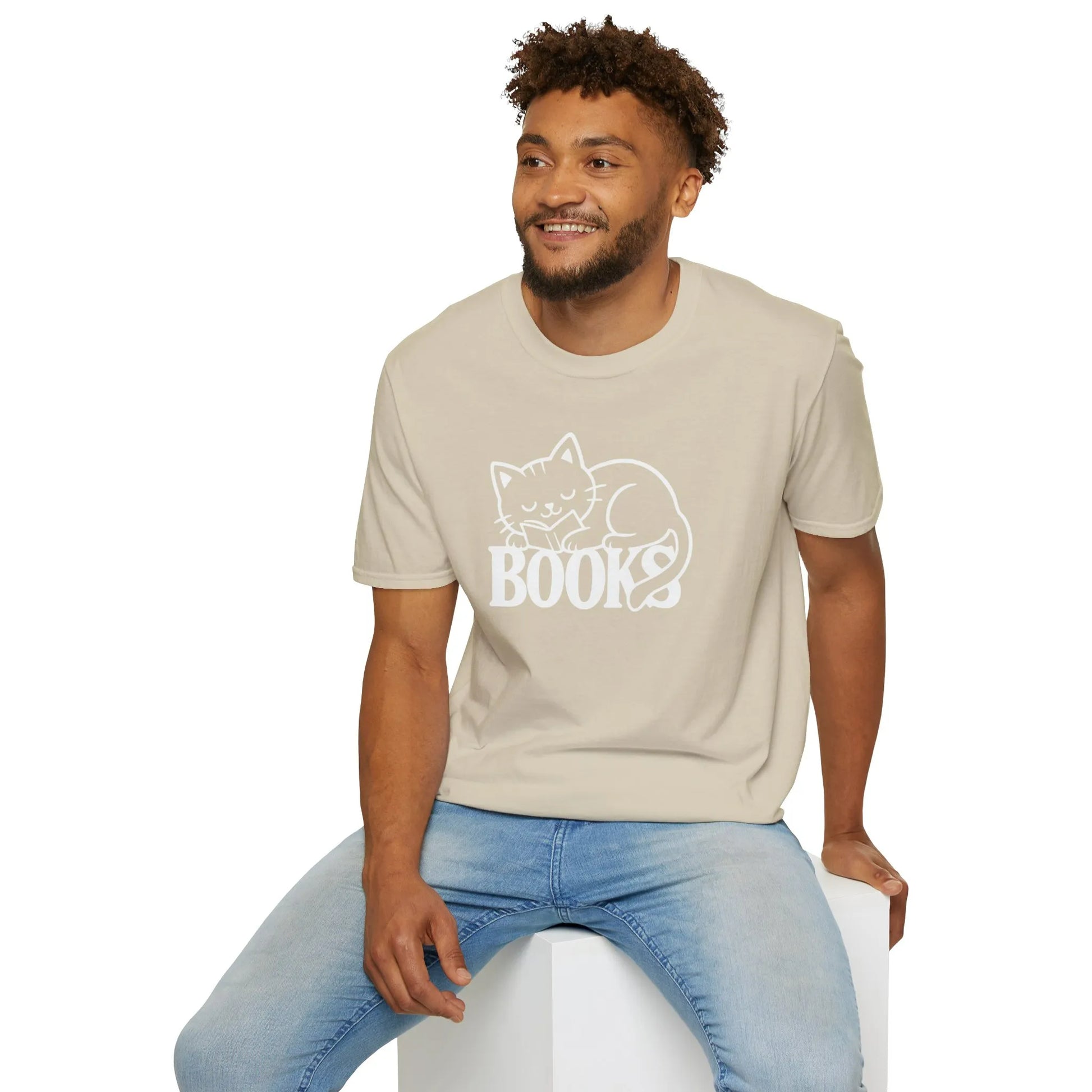 Cozy cat reading shirt featuring a sleeping cat on the word 'BOOKS', perfect for book lovers and a fun gift idea.