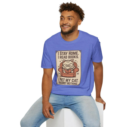 Poster Cat Reader T-Shirt featuring a cat in glasses reading, captioned 'I stay home. I read books. I pet my cat. I regret nothing.' Perfect gift for book lovers.