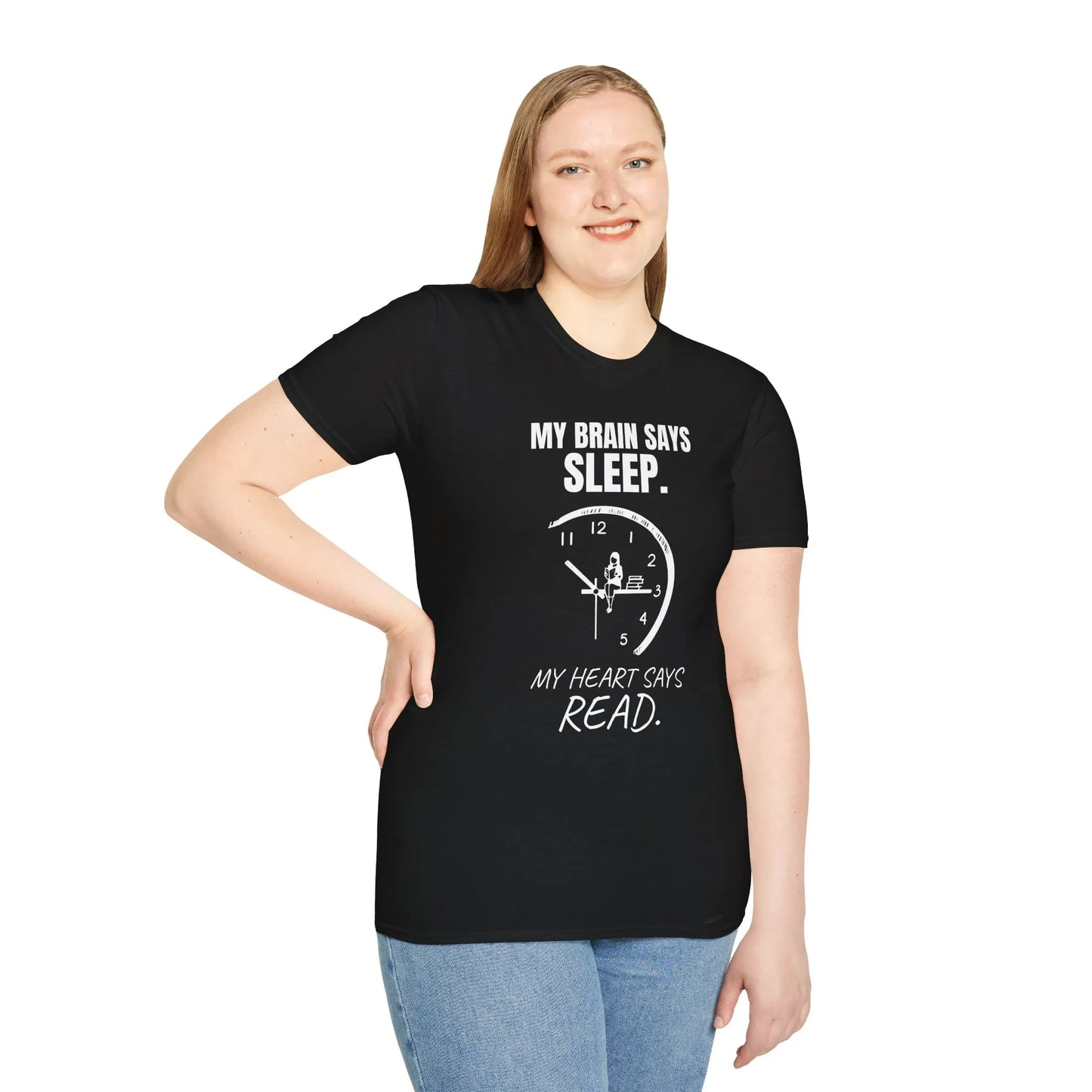 Unisex Brain vs. Books T-Shirt featuring a clock design, saying 'My brain says sleep. My heart says read.' Perfect for book lovers!