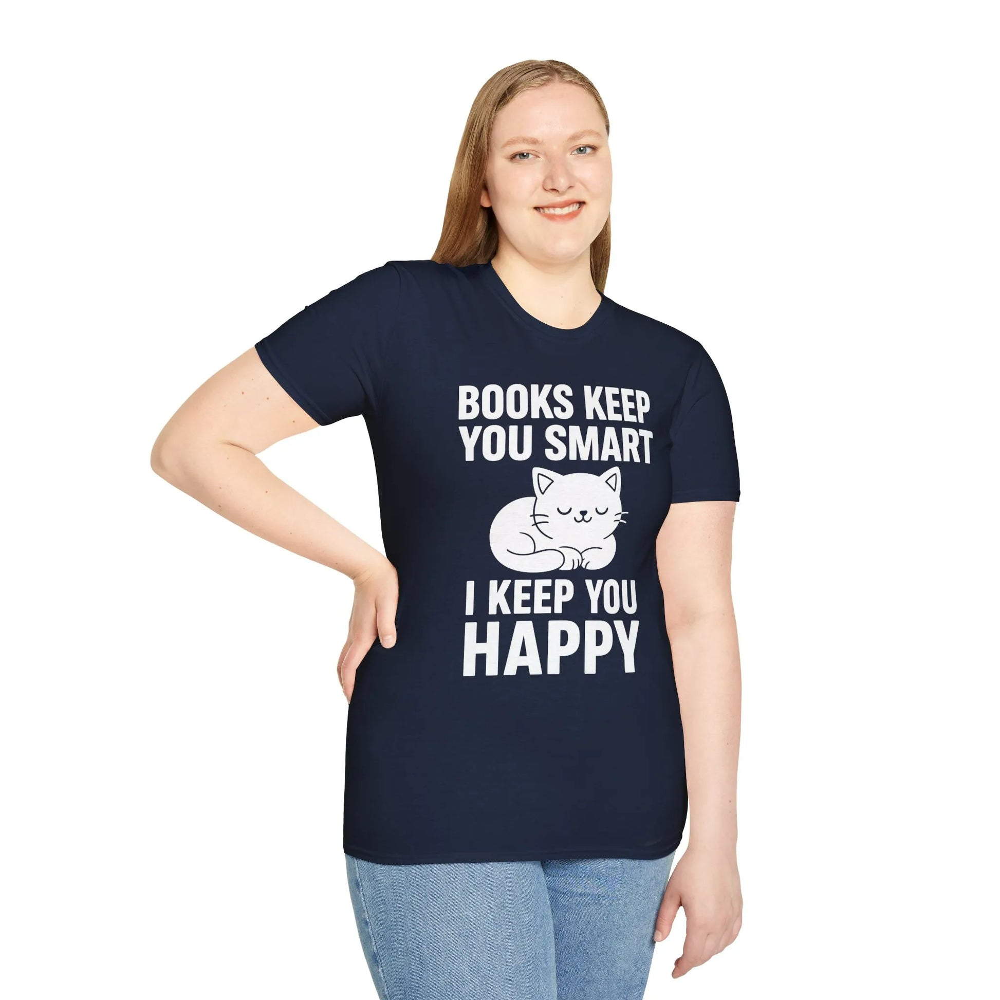 Cozy navy t-shirt featuring a cute cat illustration and text "Books keep you smart, I keep you happy" for book lovers.