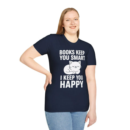 Cozy navy t-shirt featuring a cute cat illustration and text "Books keep you smart, I keep you happy" for book lovers.