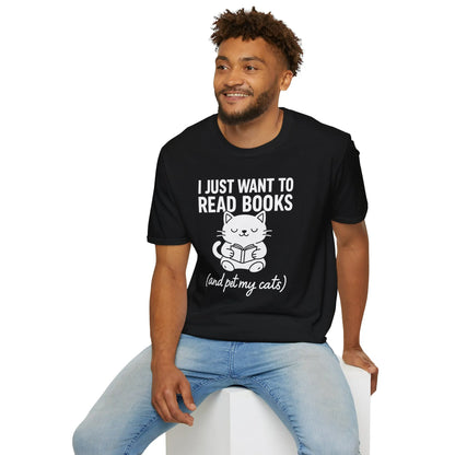 Funny reading tee featuring a cute cat holding a book with the text 'I Just Want to Read Books (and pet my cats)'. Perfect gift for book lovers!