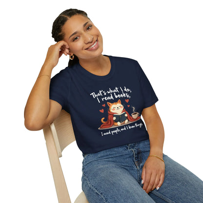 Cozy Cat Reader T-Shirt featuring a cute cat with coffee and text: "That's what I do, I read books"—perfect gift for book lovers.