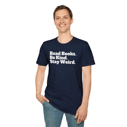 Stay Weird T-Shirt in relaxed unisex fit, perfect for book lovers, introverts, and cozy reading vibes. 📖