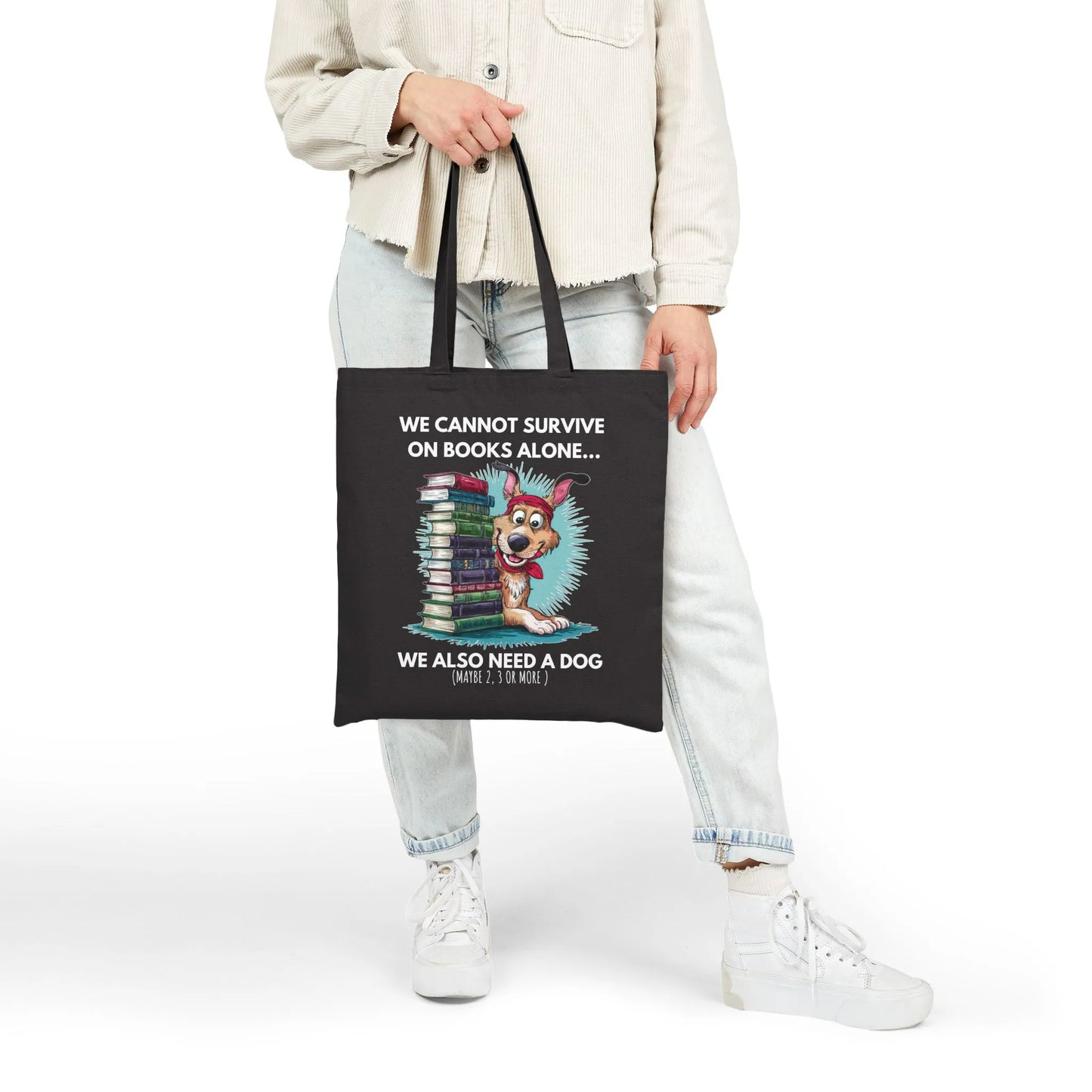 Books & Dogs, Perfect Combo Tote Bag featuring a humorous design with a dog and stacked books on a black canvas.
