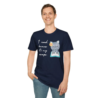 Escape into Books T-Shirt featuring a cute cat and book design, perfect cozy reading outfit for book lovers and introverts 📖.