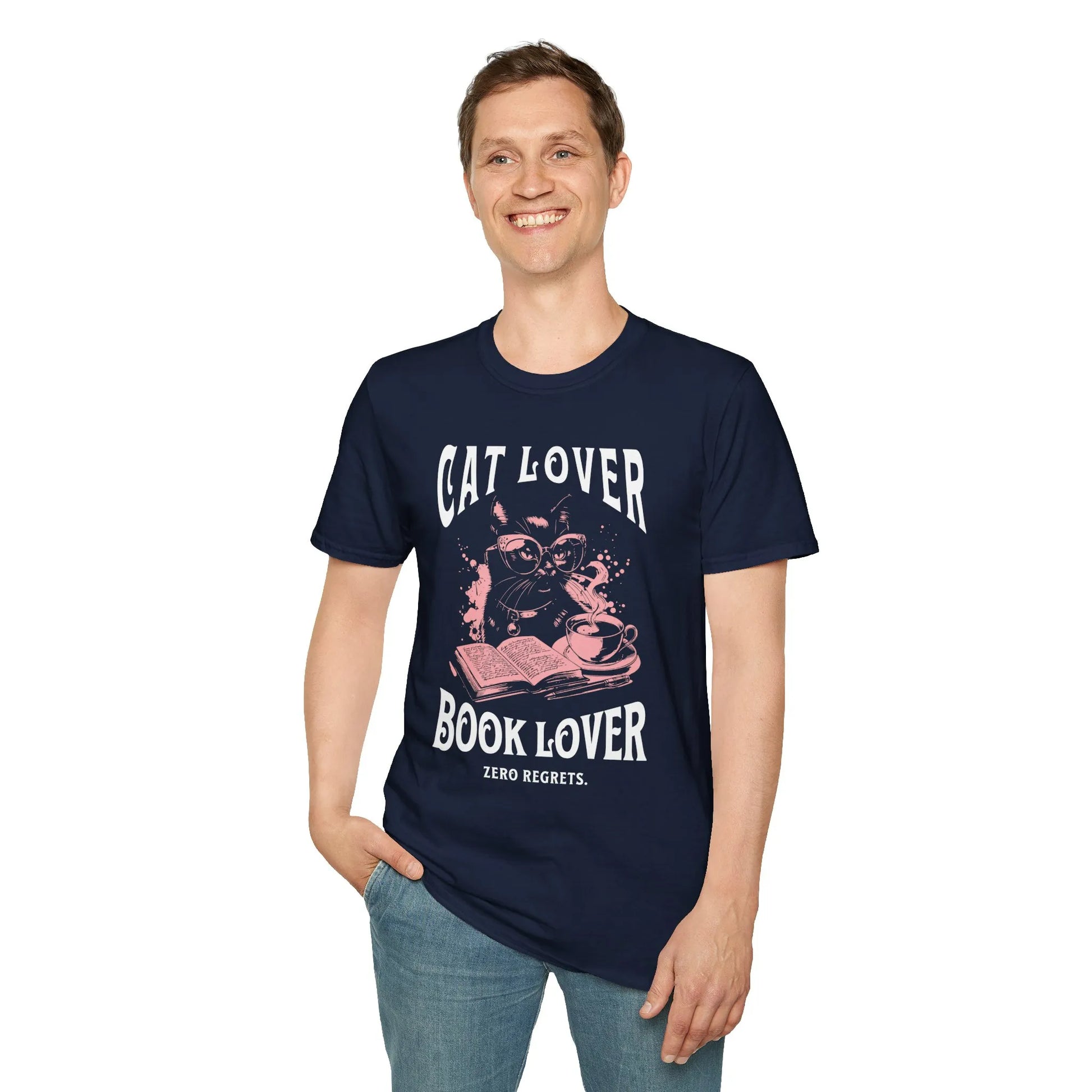 Cat & Book Lover T-Shirt featuring a cool cat with glasses and coffee, perfect for bookish fans and thoughtful gifts.