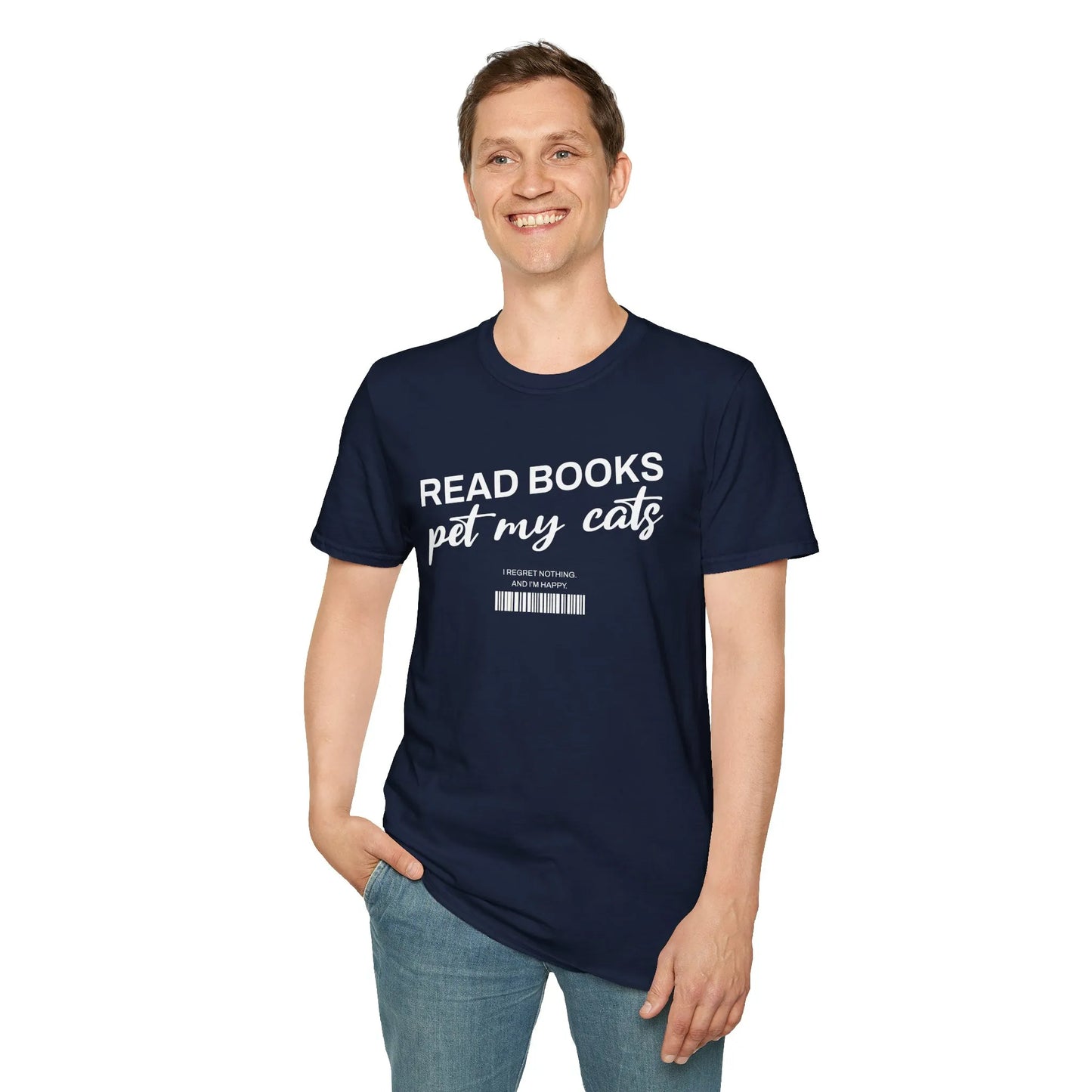 Barcode Reader T-Shirt featuring 'READ BOOKS pet my cats' text with a playful barcode design, perfect for book lovers.