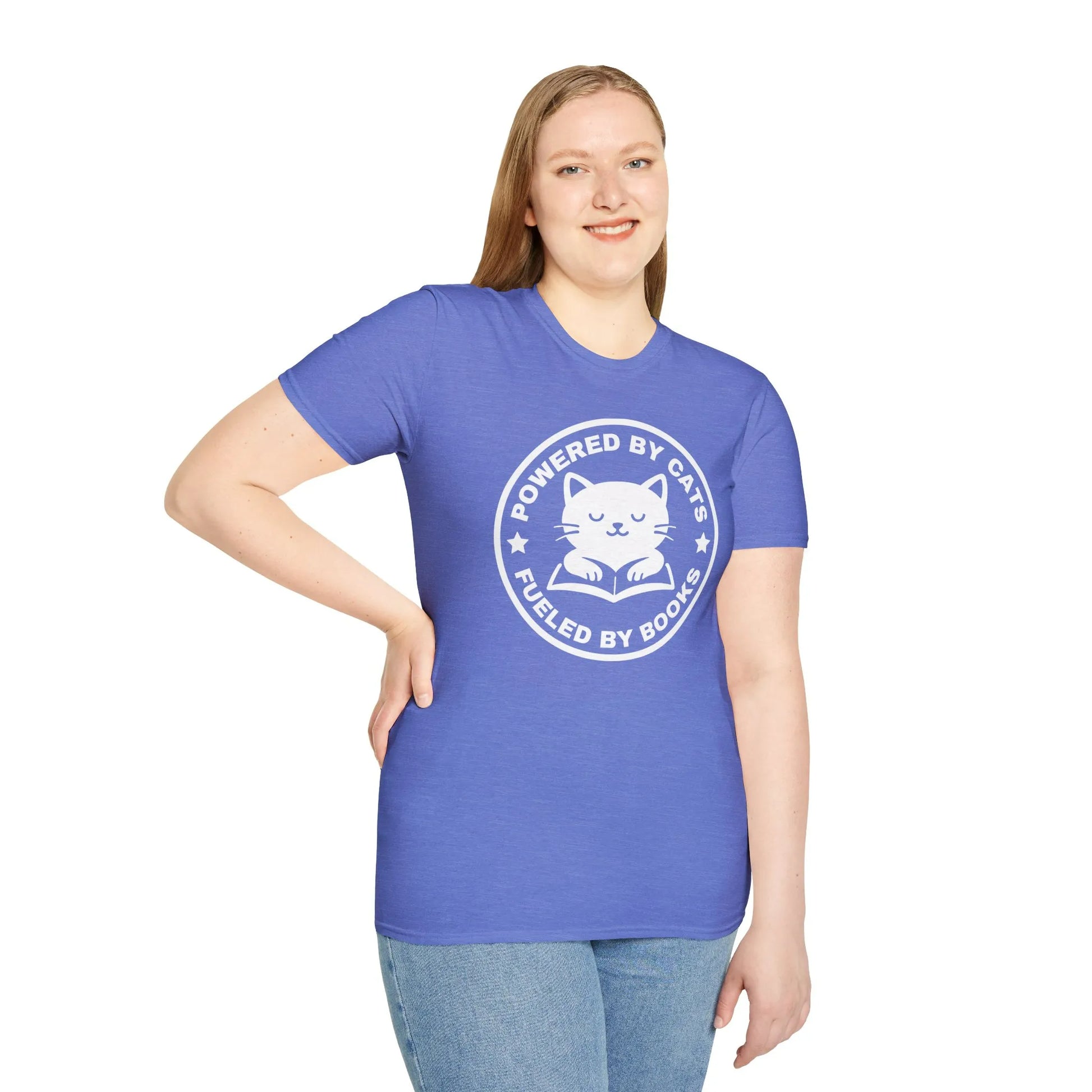 Powered by Cats, Fueled by Books t-shirt features a cute cat illustration, perfect for book lovers and cozy reading vibes.