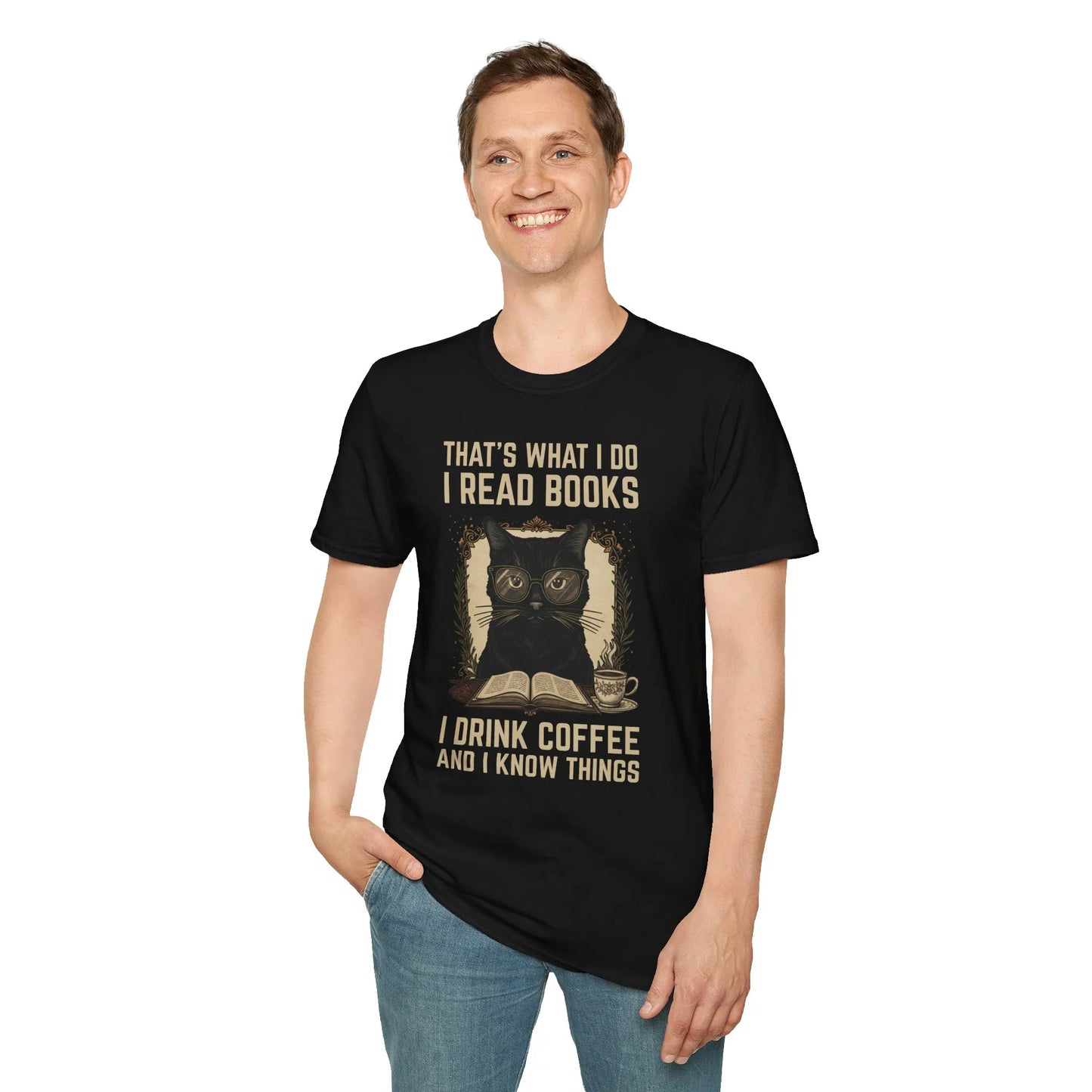Coffee Cat Reader T-Shirt, relaxed fit unisex shirt for book lovers, with vintage cat artwork. Perfect cozy reading outfit! 📖☕️