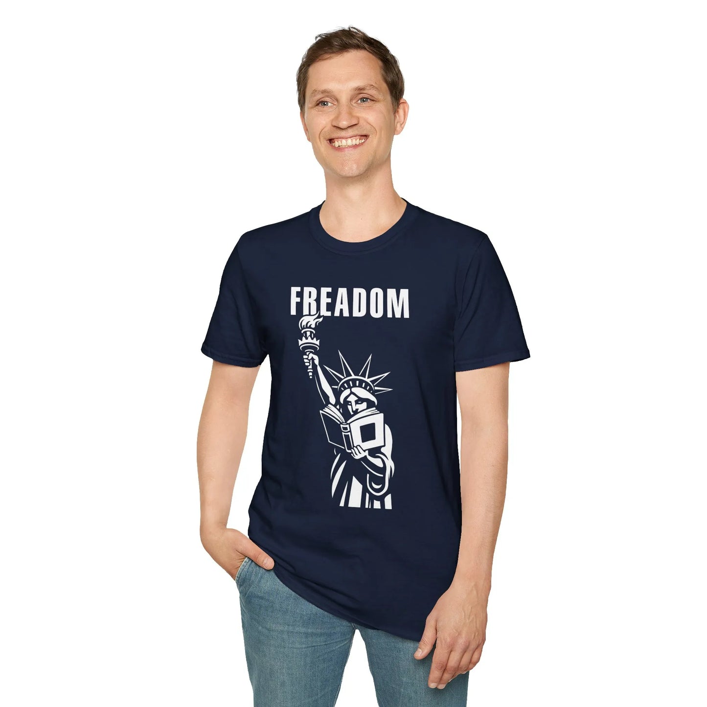 Funny reading tee featuring a bookish Liberty Statue holding a book, perfect for cat, coffee, and tea lovers.