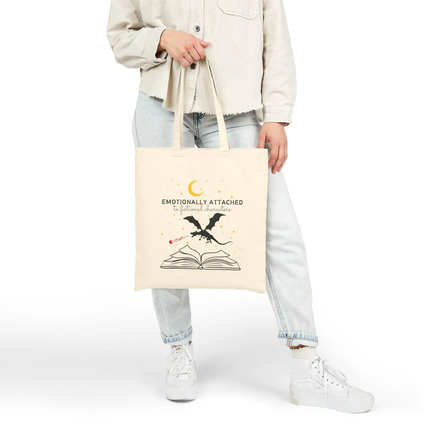 Fictional Characters Tote Bag with humorous 'Emotionally Attached' design, made from durable 100% cotton canvas.