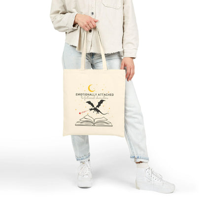 Fictional Characters Tote Bag with humorous 'Emotionally Attached' design, made from durable 100% cotton canvas.