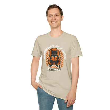 Mid-Century Reader T-Shirt featuring a witty cat reading, perfect for book lovers and cozy gifts for readers.