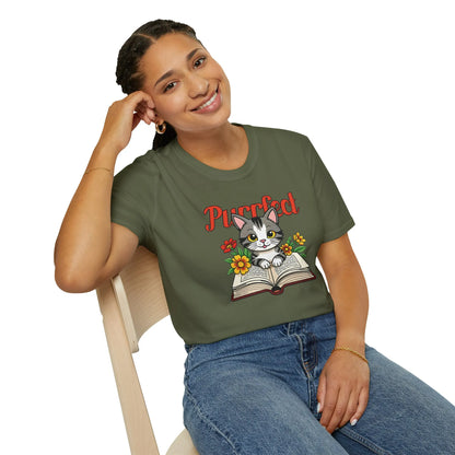 Purrfect Page T-Shirt in relaxed fit, featuring a kitten on an open book, perfect for book lovers and cozy reading vibes. 📖