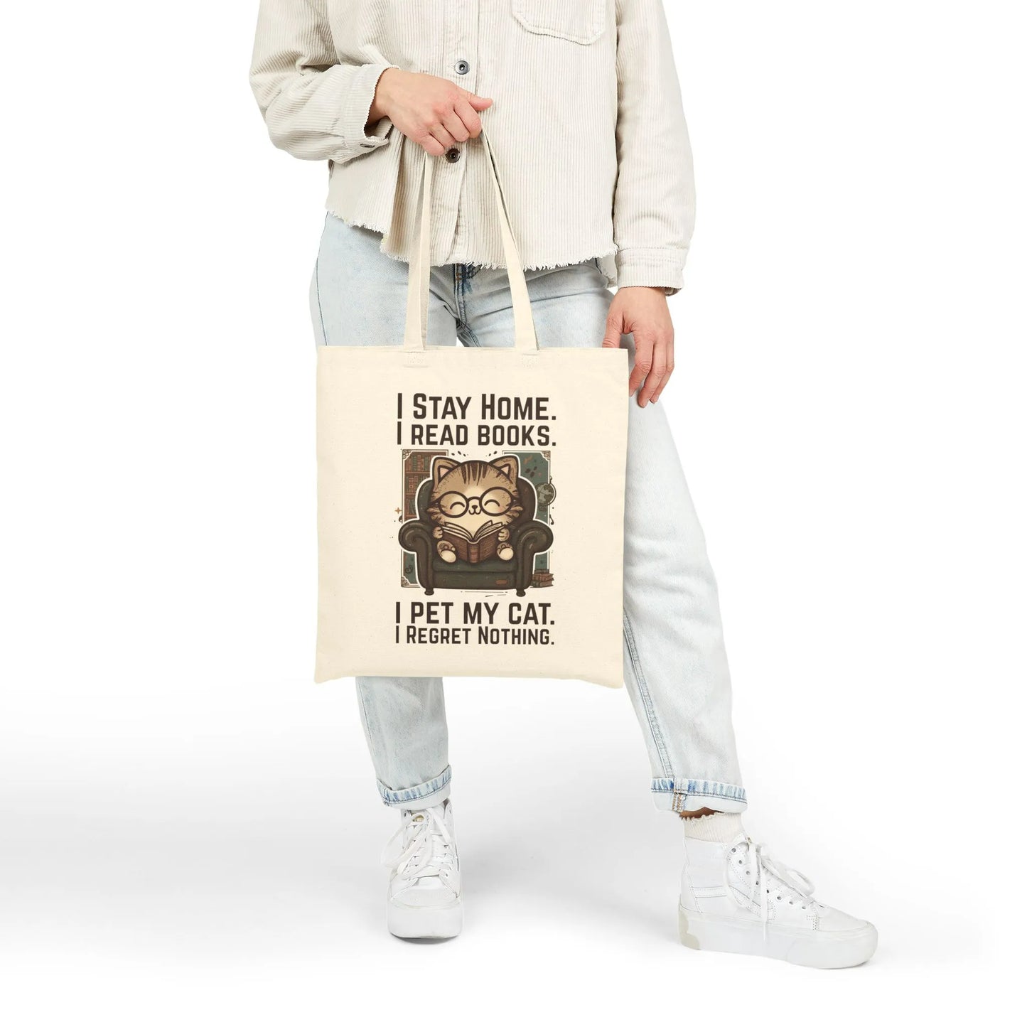 Library Cat Reader Tote Bag featuring a cozy cat reading with sayings about books and staying home.