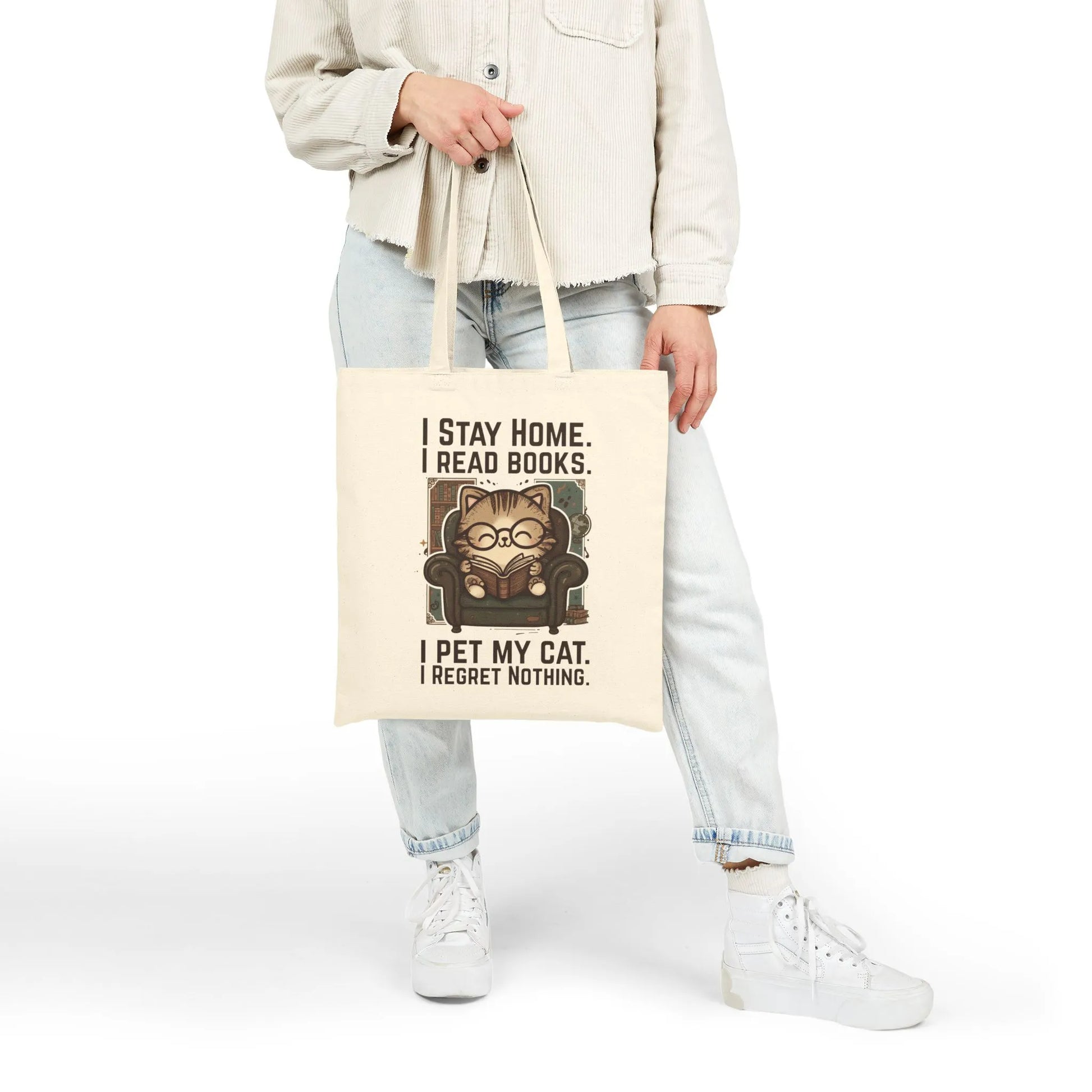 Library Cat Reader Tote Bag featuring a cozy cat reading with sayings about books and staying home.