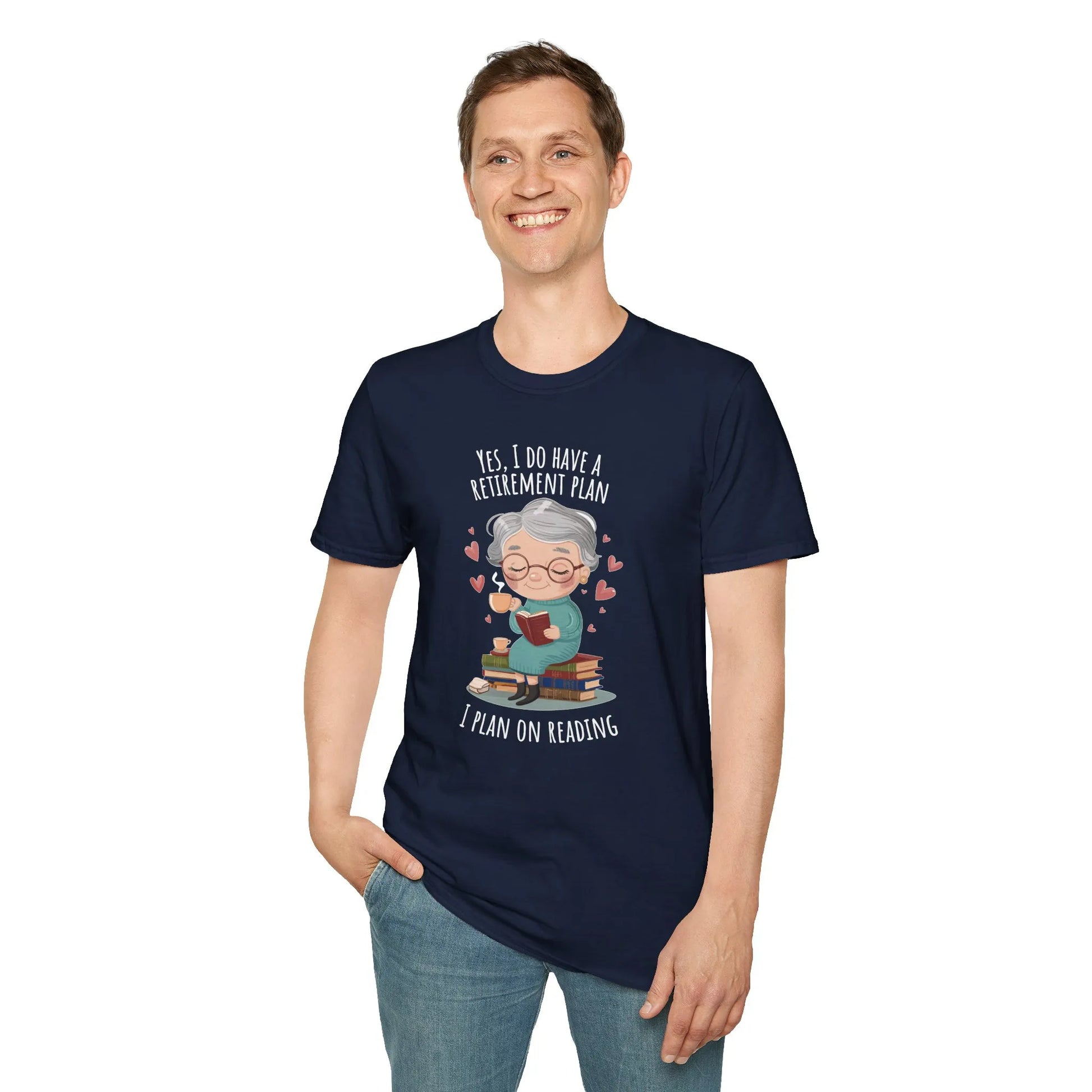 Retirement Reading Plan T-Shirt featuring a cozy illustration of an older man with books. Relaxed fit unisex tee for readers 📖.