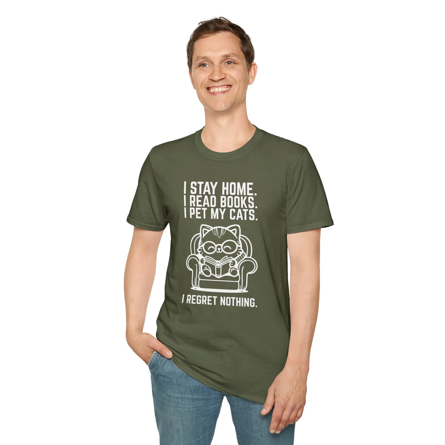 A man in a cozy green tee with the text 'I Stay Home, I Read Books, I Pet My Cats. I Regret Nothing.' Perfect for book lovers and cat fans!