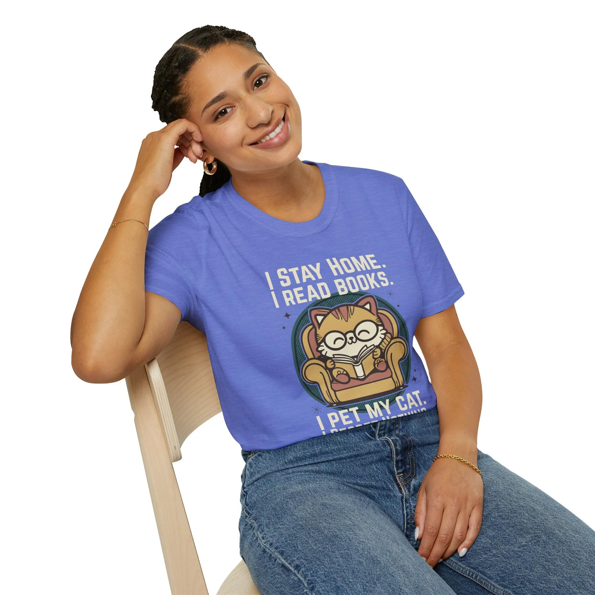 Retro Cat Reader T-Shirt featuring a lounging cat in glasses with text: 'I STAY HOME, I READ BOOKS, I PET MY CAT'. Perfect for book lovers.