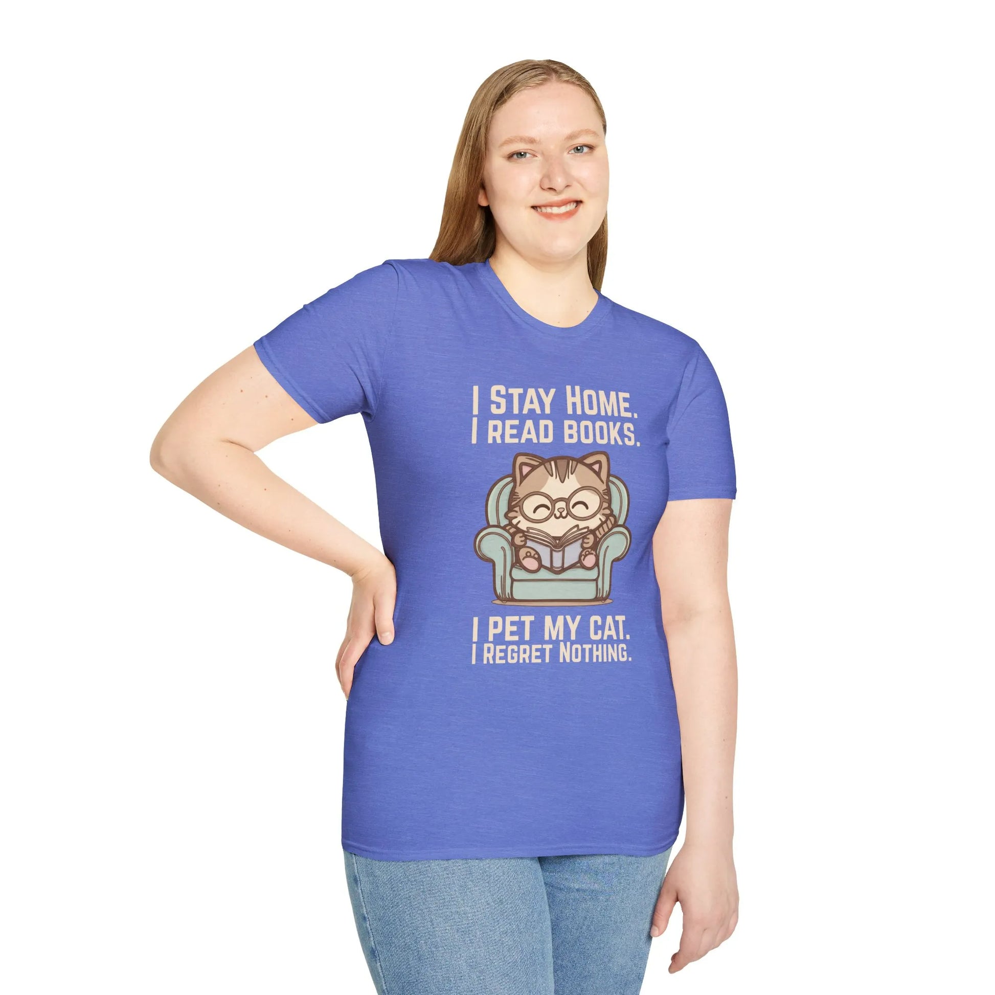 Comfy Cat Reader T-Shirt featuring a cute cat in glasses on a blue armchair with the text "I Stay Home. I Read Books. I Pet My Cat. I Regret Nothing."