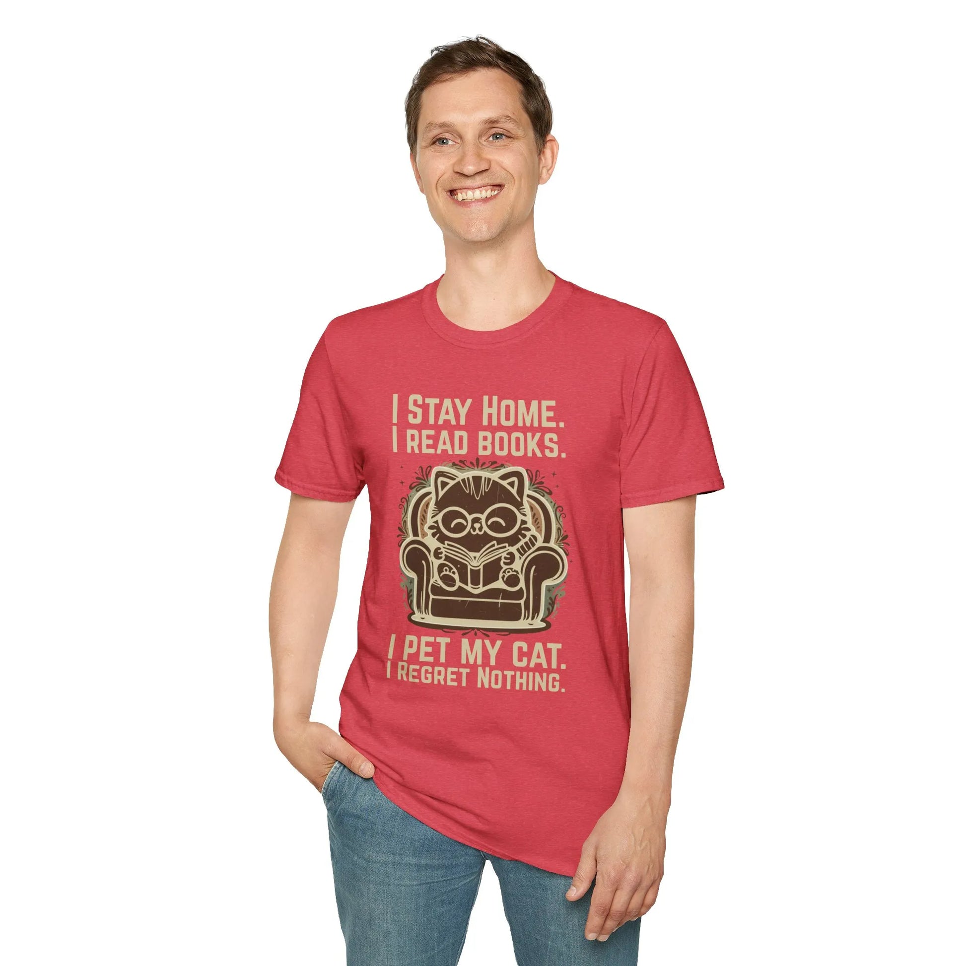 Ornament Cat Reader T-Shirt features a cat in glasses, cozy armchair, and funny bookish quotes, perfect for book lovers.