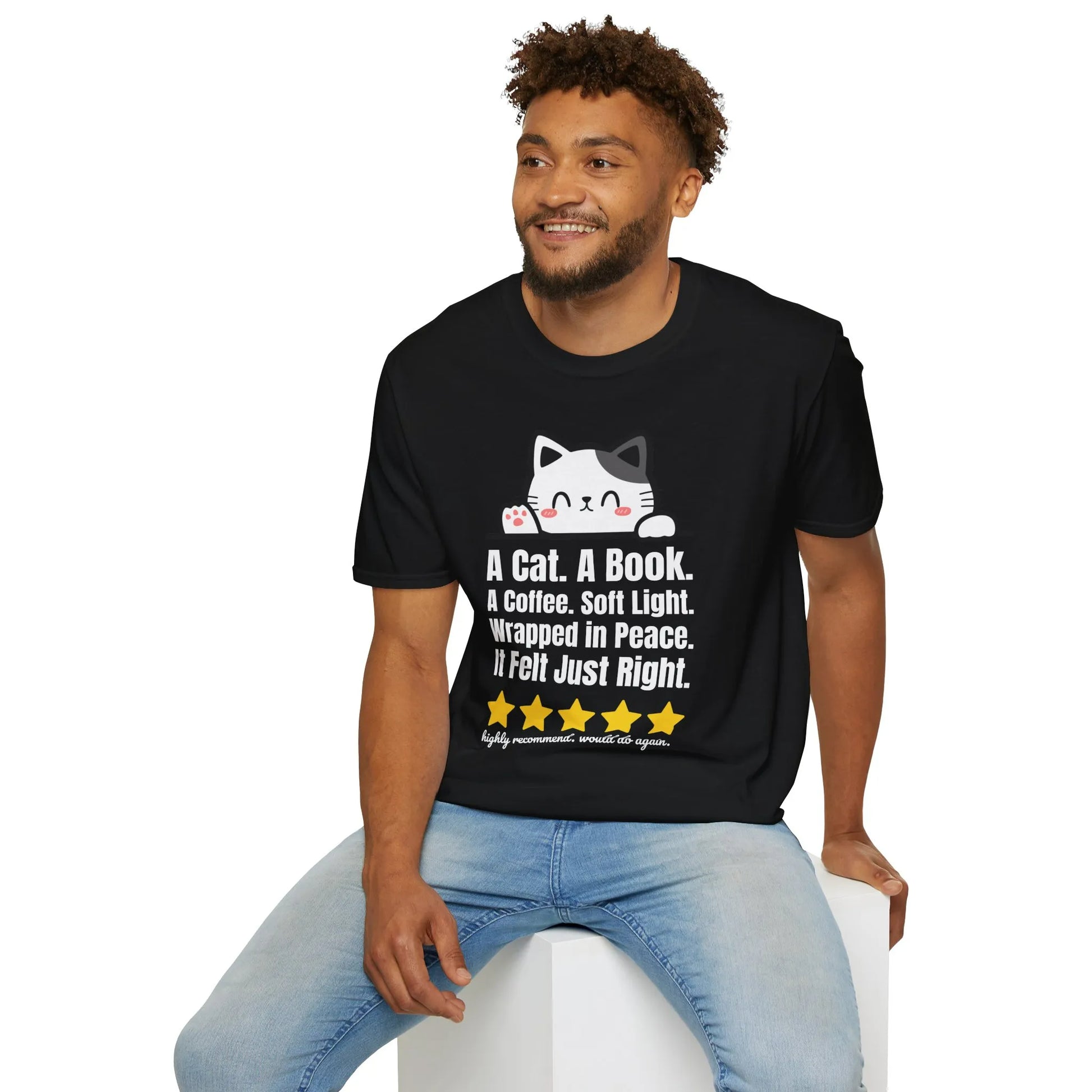 Five-Star Cozy Night T-Shirt featuring a cute cat illustration, reading aesthetic, relaxed fit unisex shirt for book lovers.