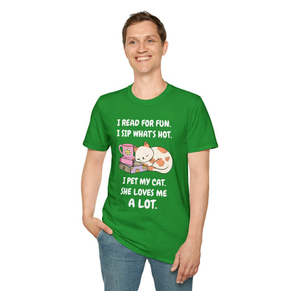 Funny reading tee featuring a cat, book, and cup with text: 'I read for fun. I sip what's hot. I pet my cat. She loves me a lot.'