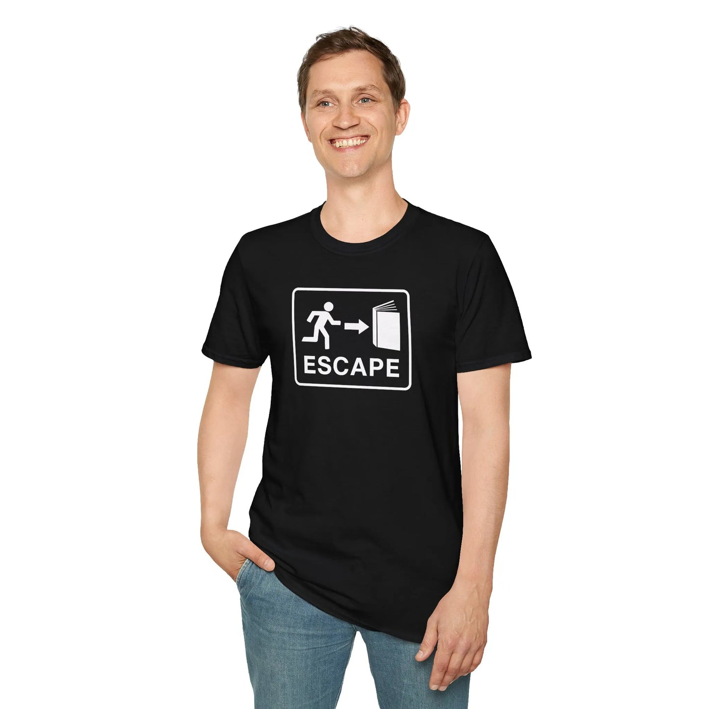 Black book lover shirt with 'ESCAPE' sign featuring a person running toward an open book. Perfect gift for readers!