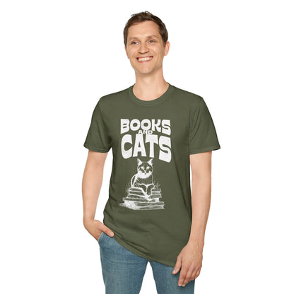 Man wearing a Books & Cats Club T-Shirt featuring a cat on a stack of books, perfect for cozy book lovers.